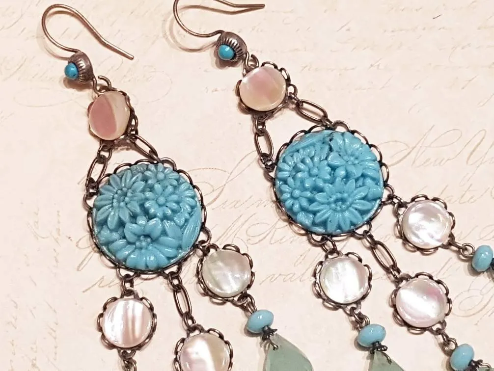 Askew London Earrings Chandelier Turqusoise Vintage Glass Mother of Pearl Silver Unsigned