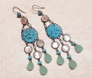 Askew London Earrings Chandelier Turqusoise Vintage Glass Mother of Pearl Silver Unsigned