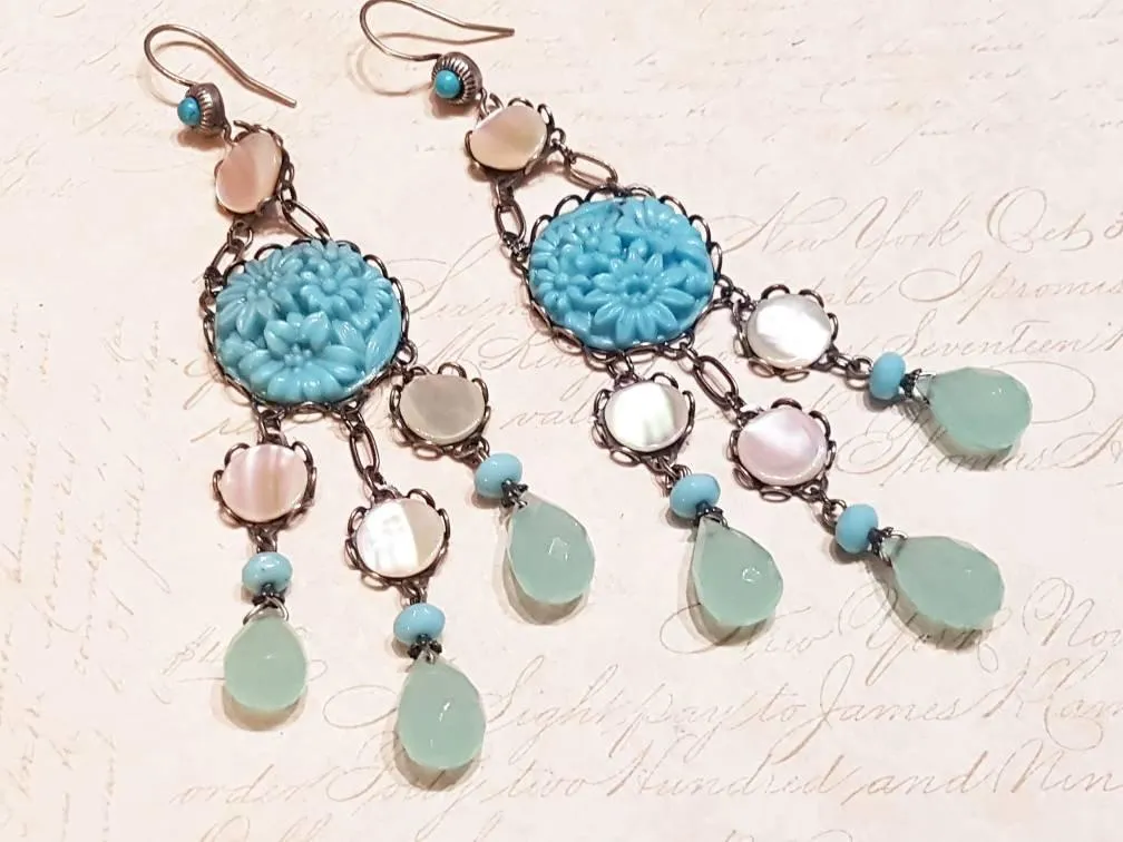 Askew London Earrings Chandelier Turqusoise Vintage Glass Mother of Pearl Silver Unsigned