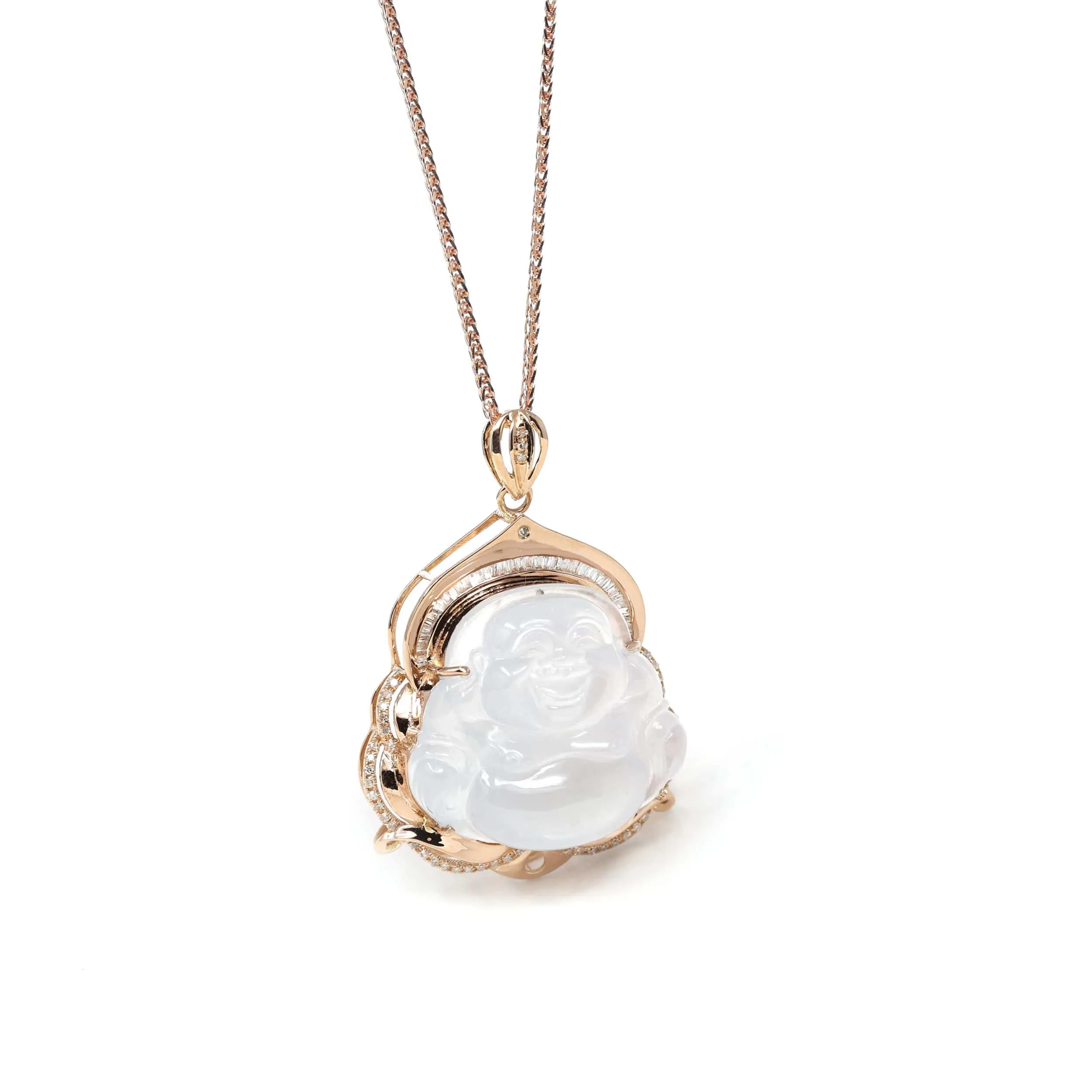 Baikalla 18K Rose Gold Genuine Burmese Ice Jadeite Buddha Pendant with Diamonds High Jewelry