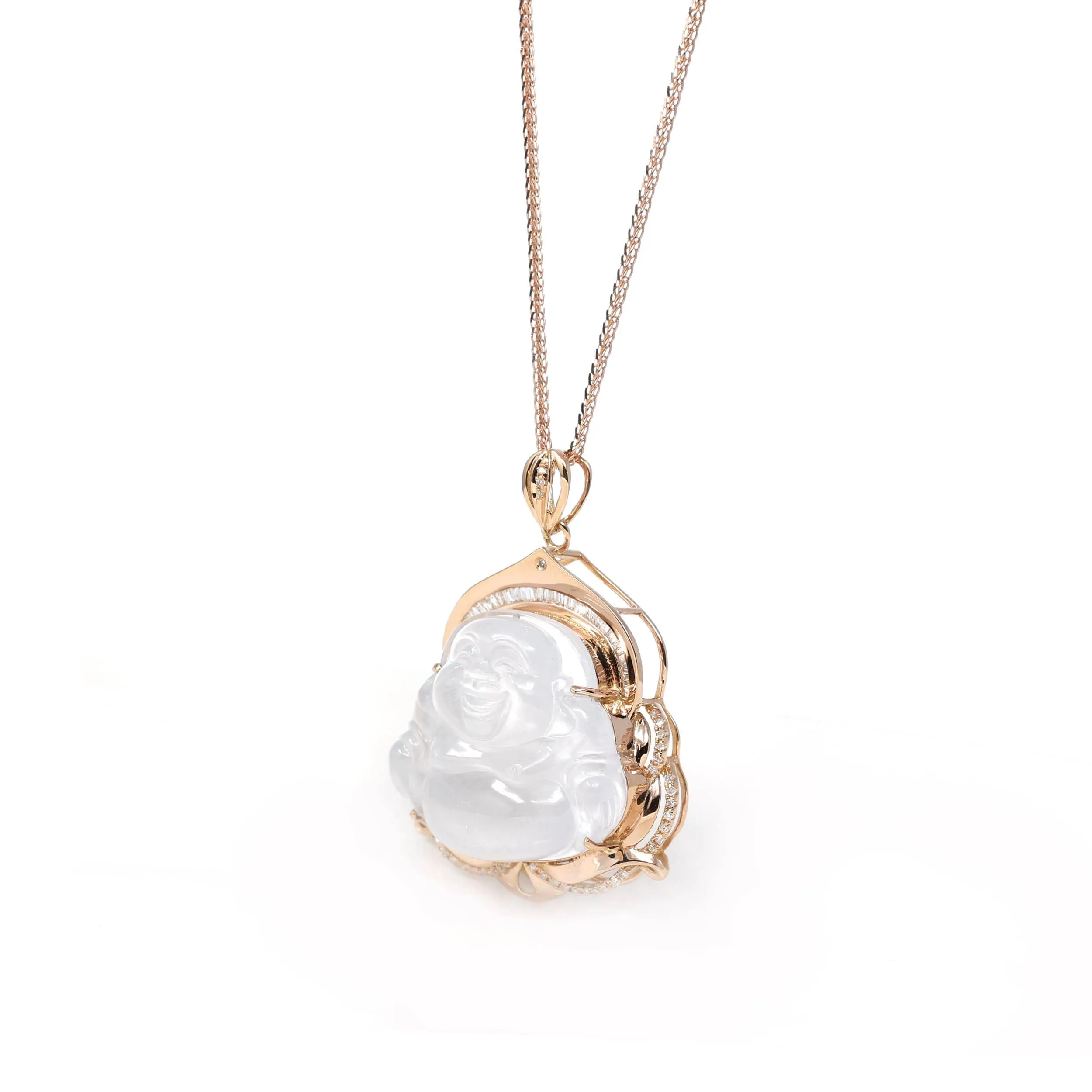 Baikalla 18K Rose Gold Genuine Burmese Ice Jadeite Buddha Pendant with Diamonds High Jewelry