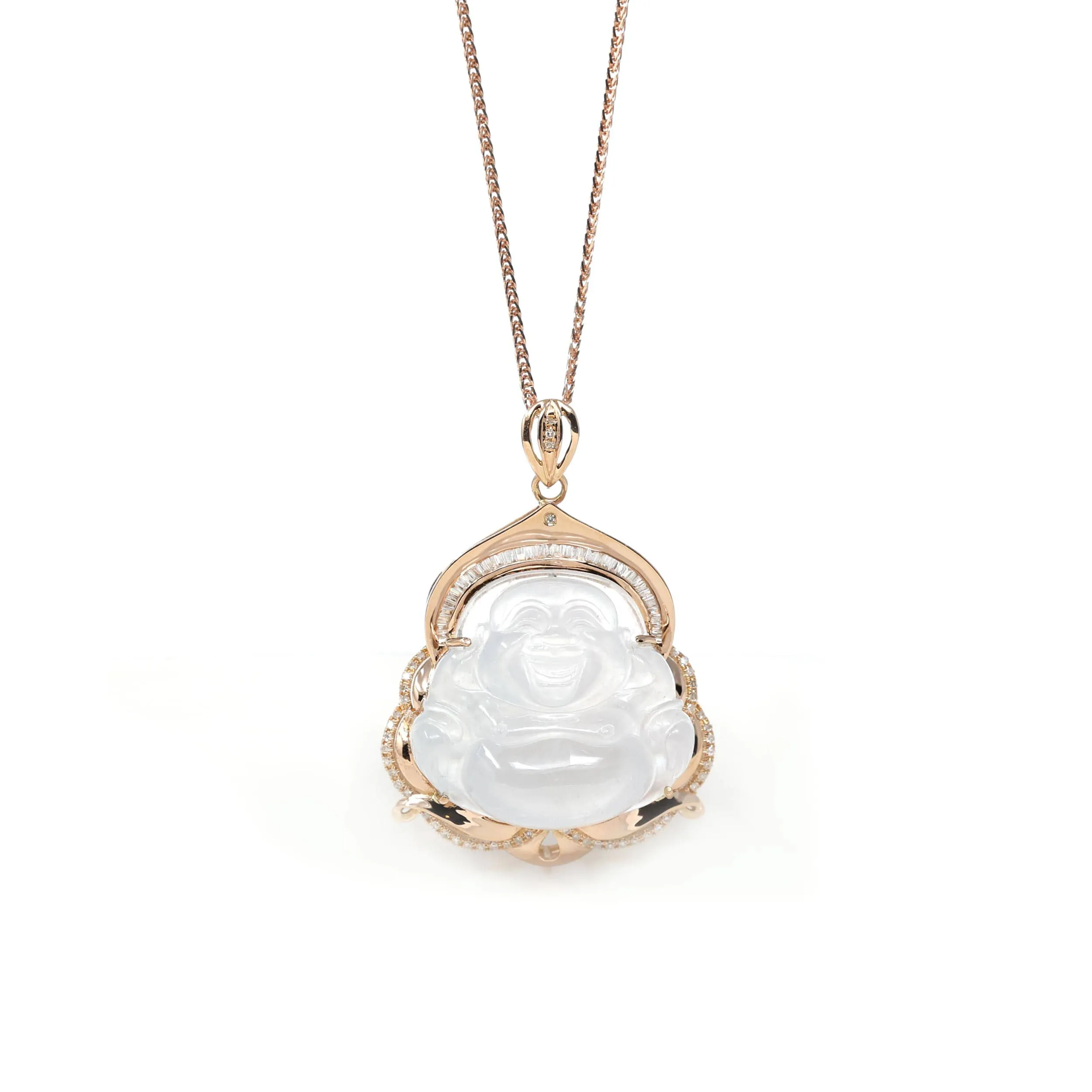 Baikalla 18K Rose Gold Genuine Burmese Ice Jadeite Buddha Pendant with Diamonds High Jewelry