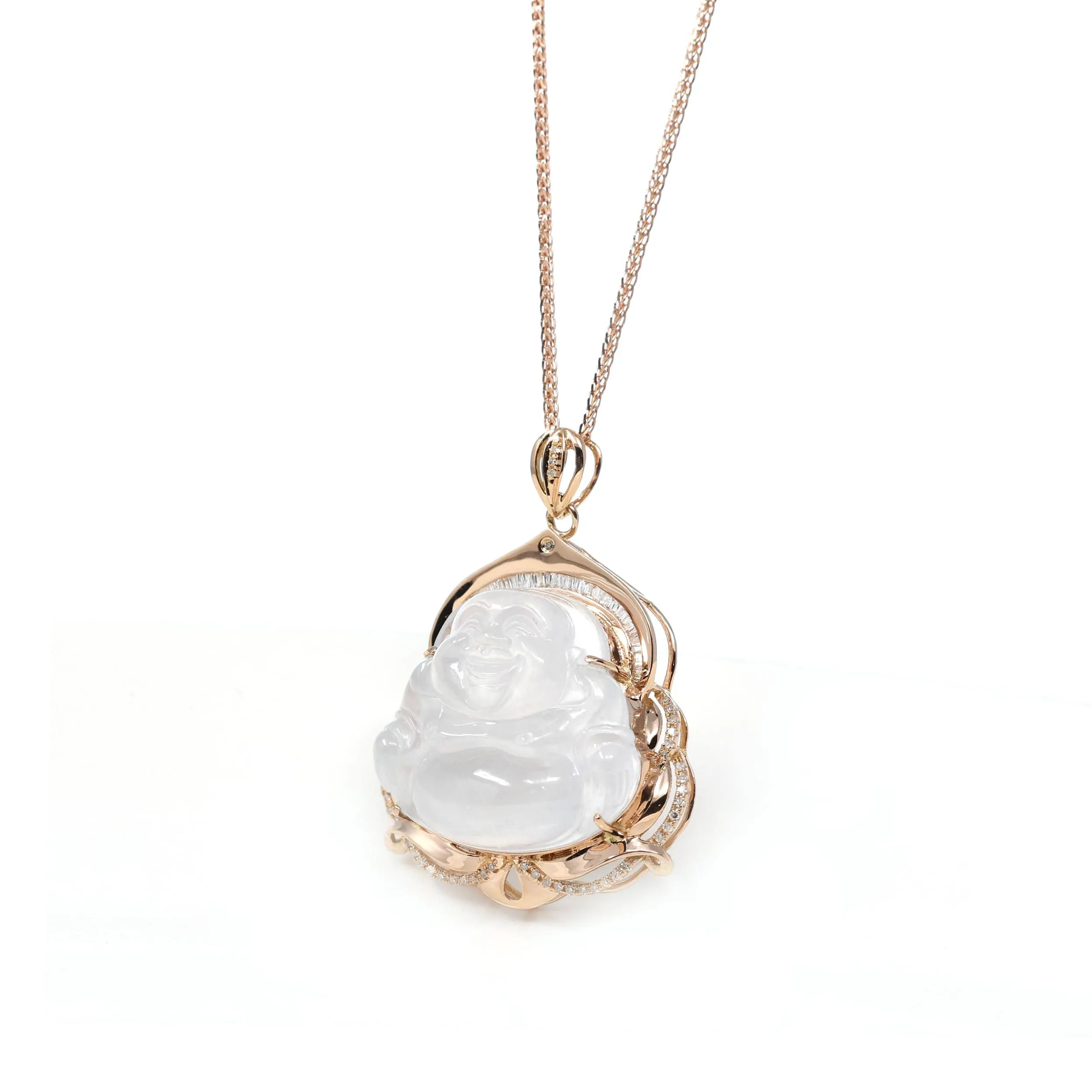 Baikalla 18K Rose Gold Genuine Burmese Ice Jadeite Buddha Pendant with Diamonds High Jewelry