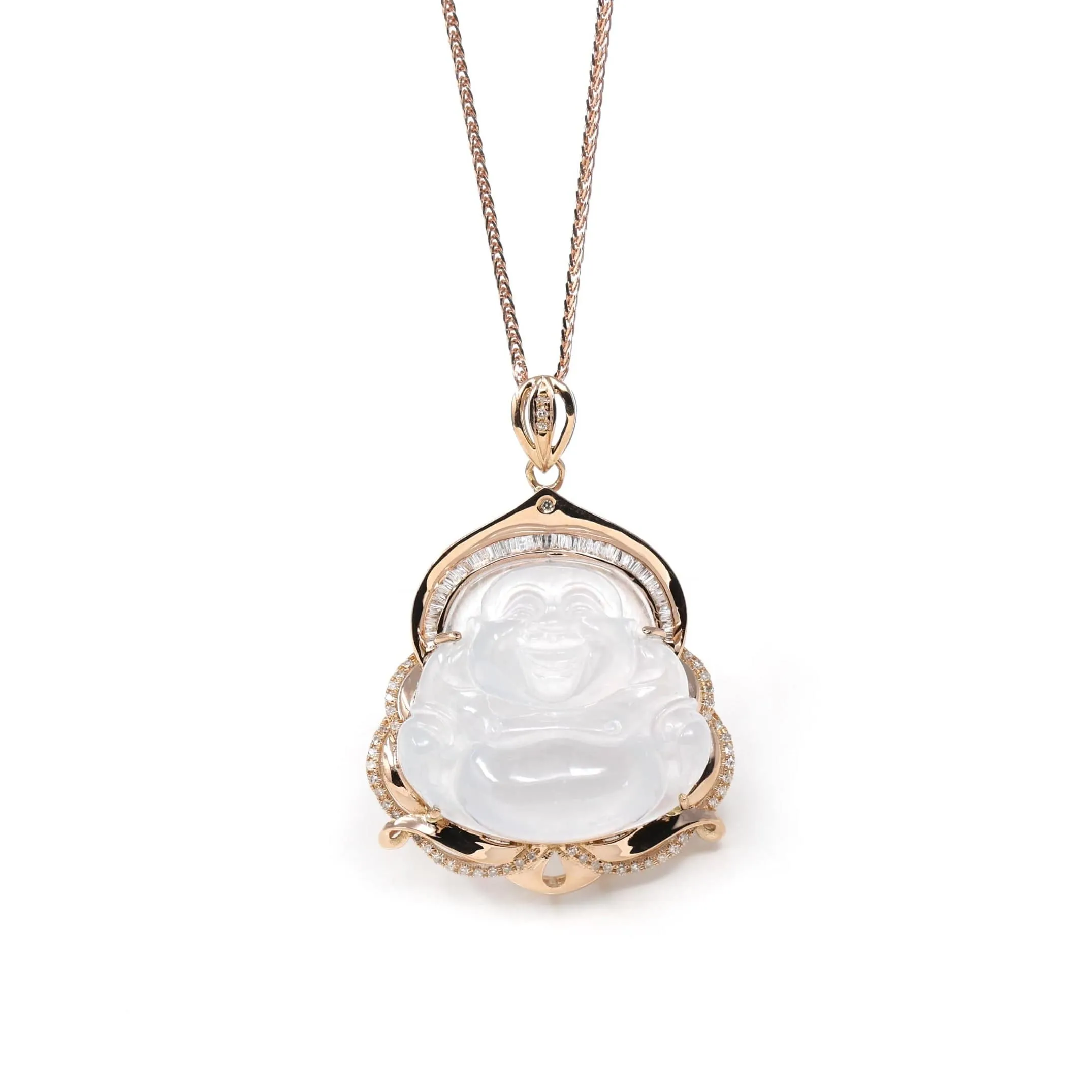 Baikalla 18K Rose Gold Genuine Burmese Ice Jadeite Buddha Pendant with Diamonds High Jewelry