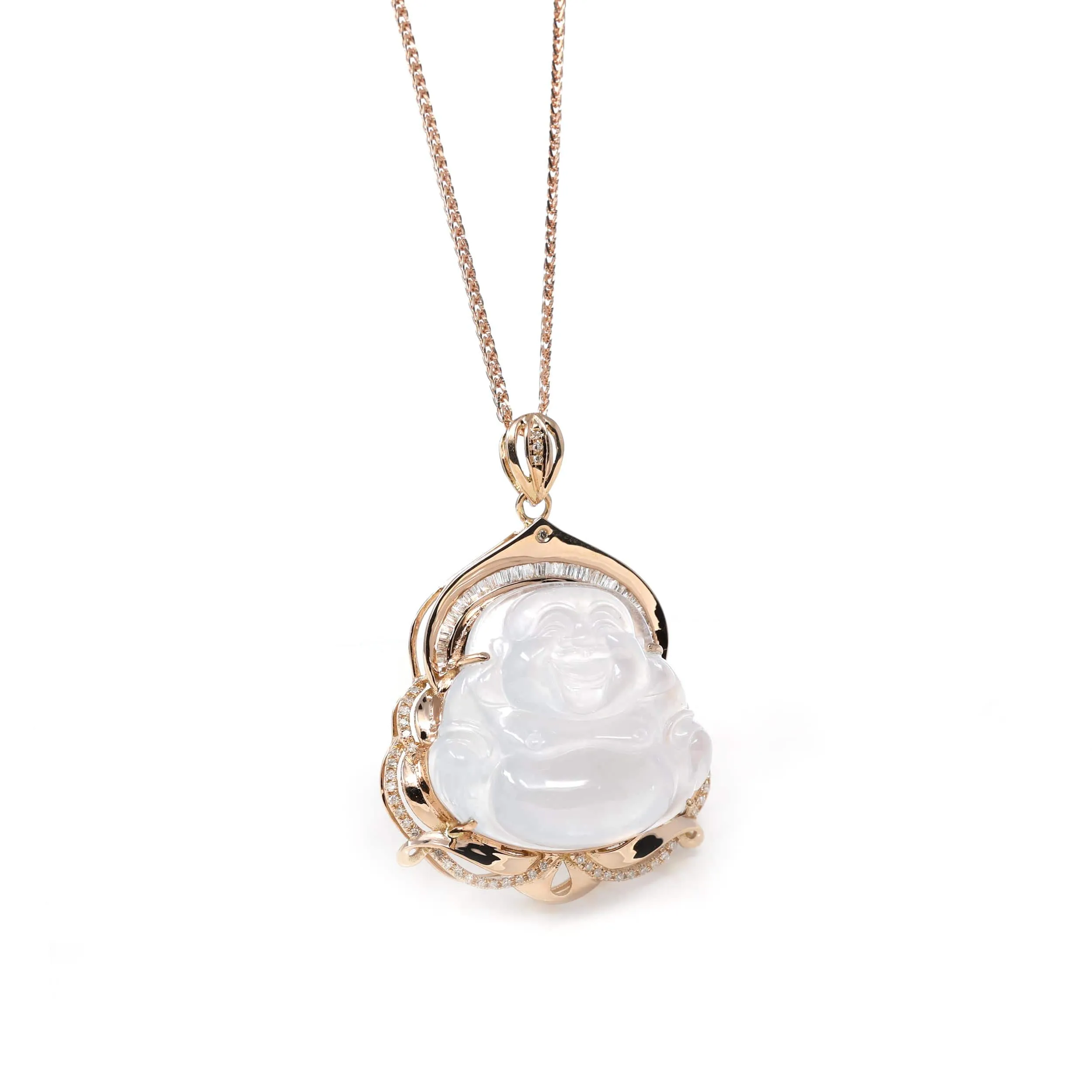 Baikalla 18K Rose Gold Genuine Burmese Ice Jadeite Buddha Pendant with Diamonds High Jewelry
