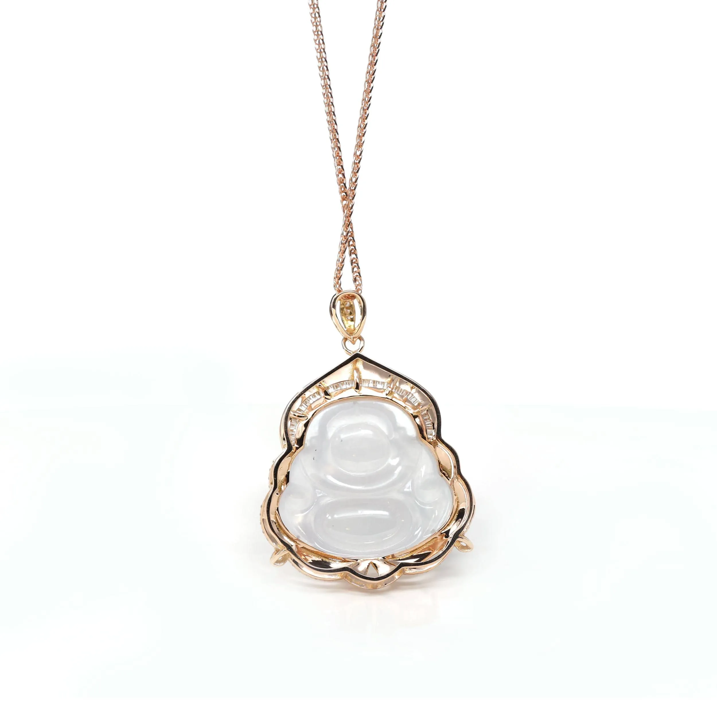 Baikalla 18K Rose Gold Genuine Burmese Ice Jadeite Buddha Pendant with Diamonds High Jewelry