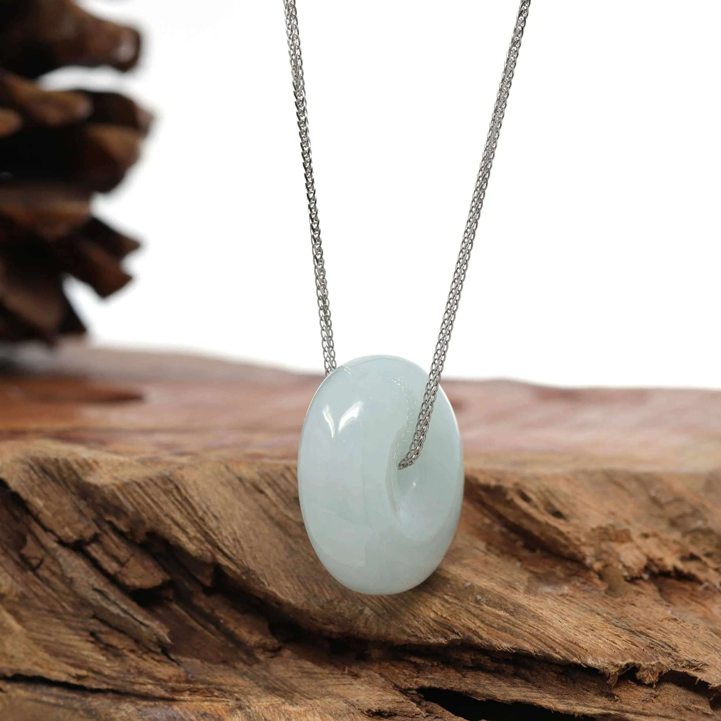 Baikalla "Good Luck Button" Necklace Light Green Jadeite Jade Lucky Ping An Kou Necklace