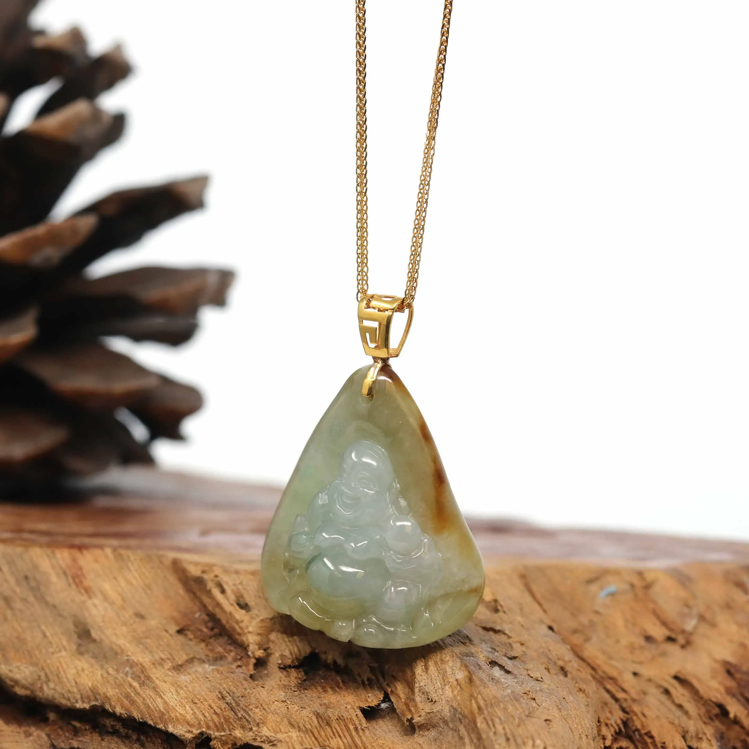 Baikalla "Laughing Buddha" Deeper Yellow Jadeite Jade with 18K Gold Bail