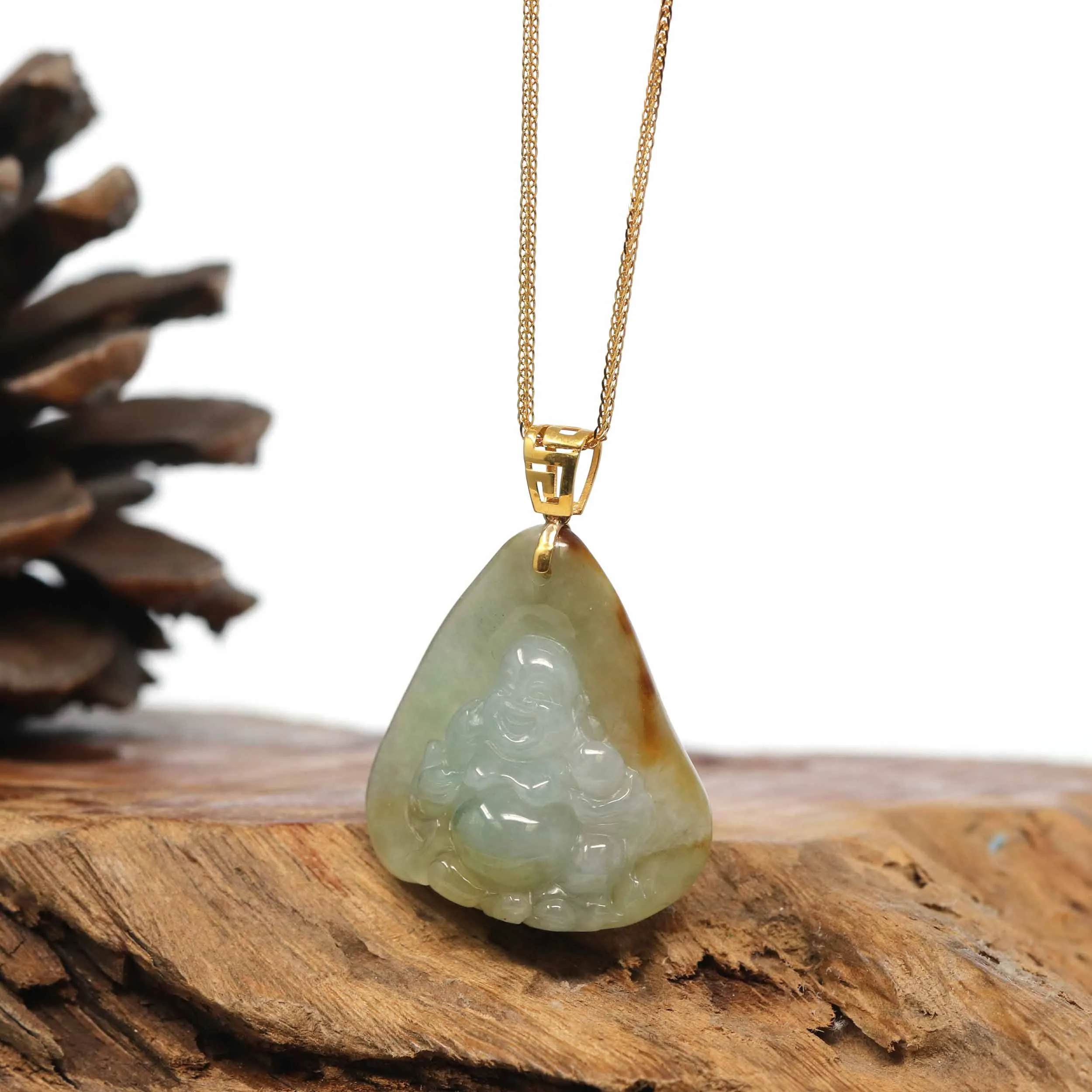 Baikalla "Laughing Buddha" Deeper Yellow Jadeite Jade with 18K Gold Bail