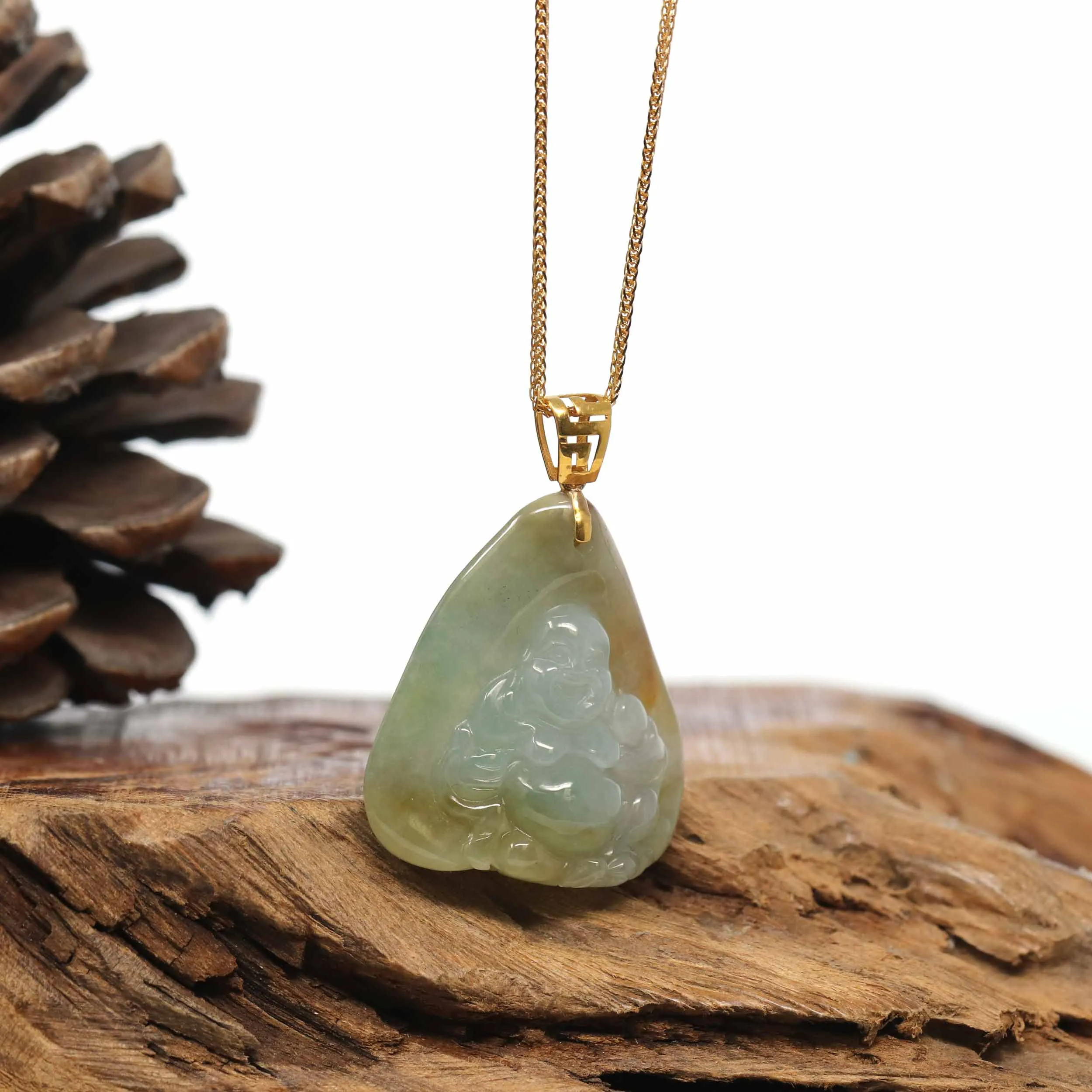 Baikalla "Laughing Buddha" Deeper Yellow Jadeite Jade with 18K Gold Bail