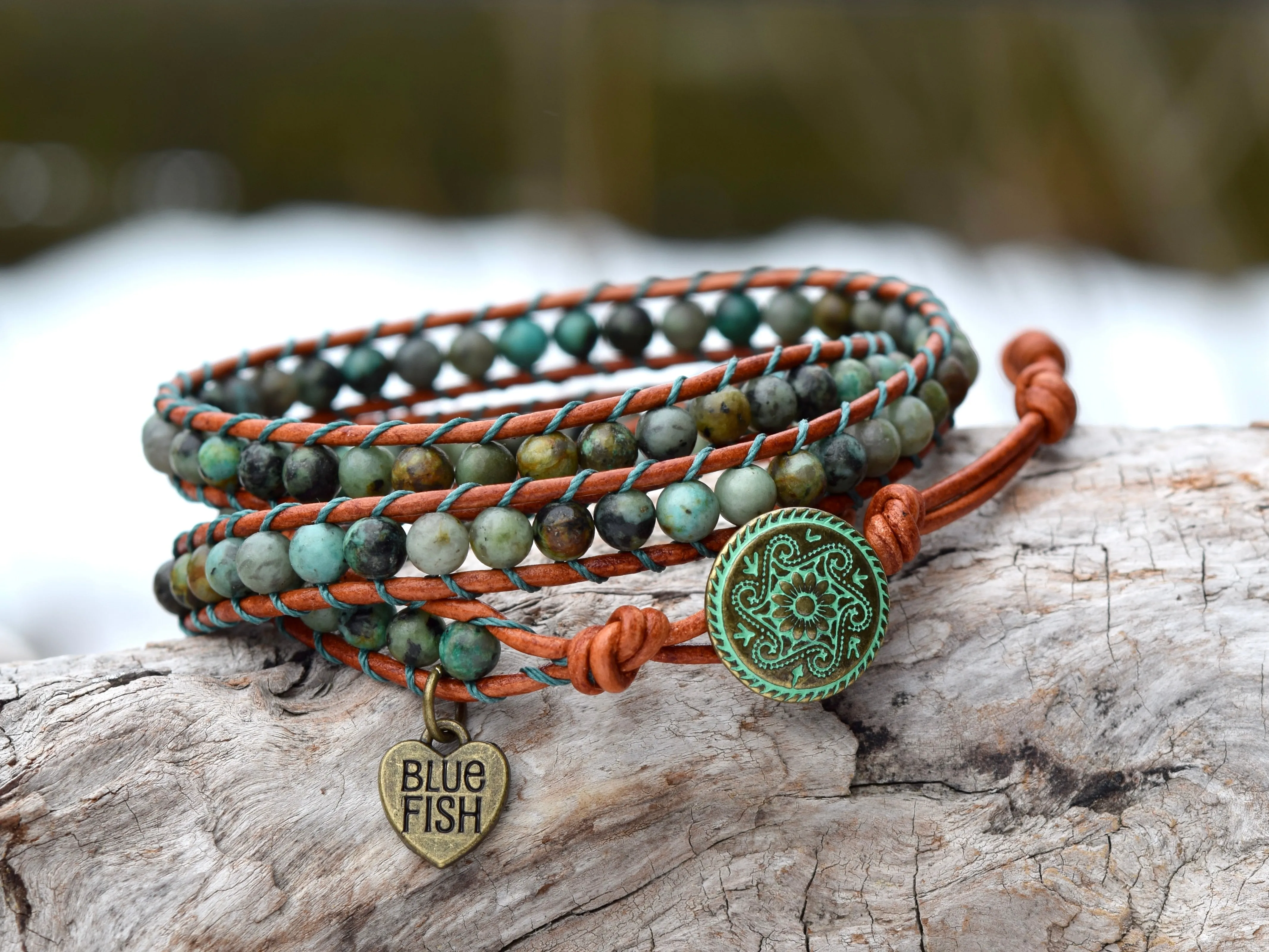 Beaded Leather African Turquoise Wrap Bracelet