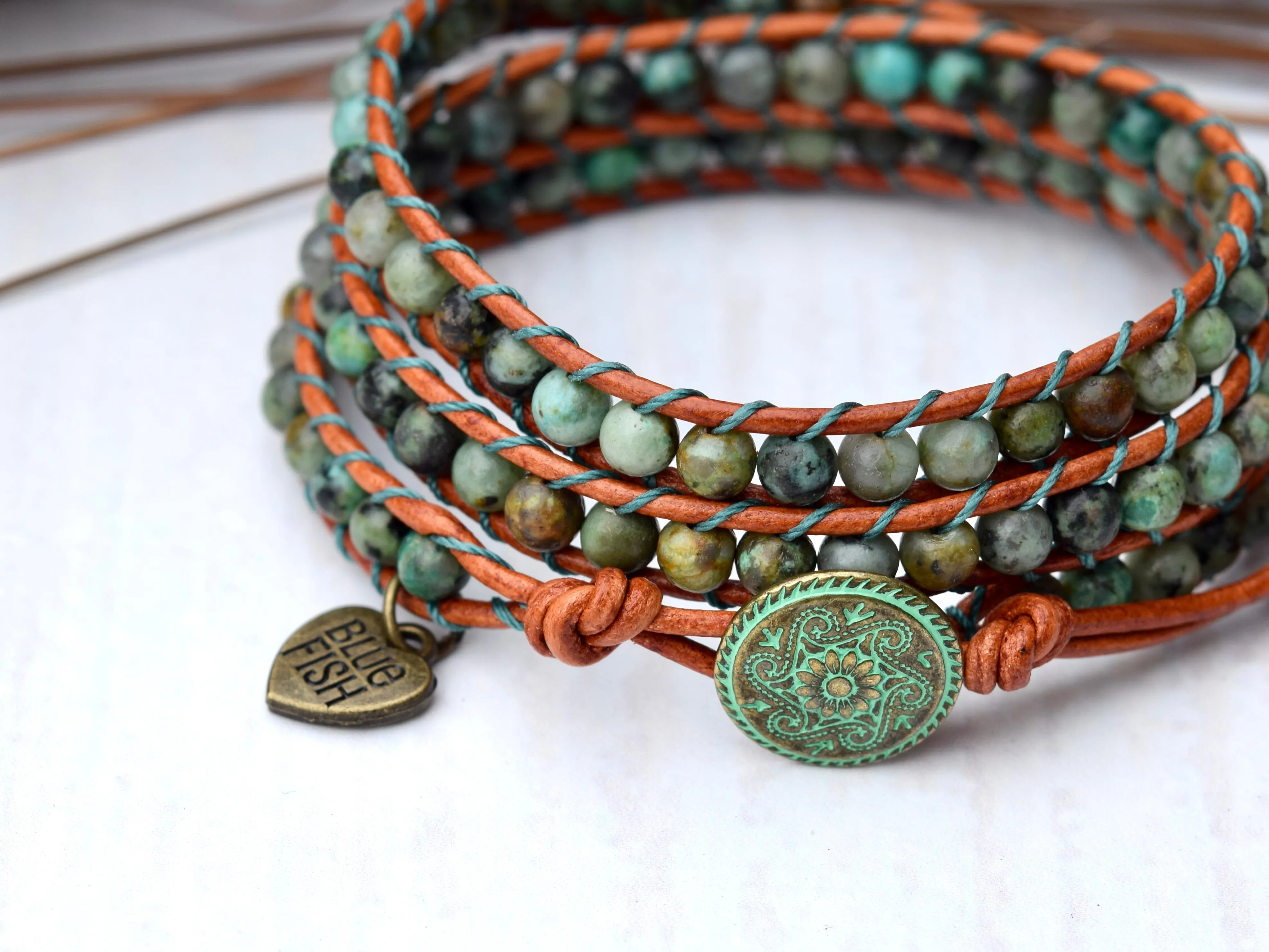 Beaded Leather African Turquoise Wrap Bracelet