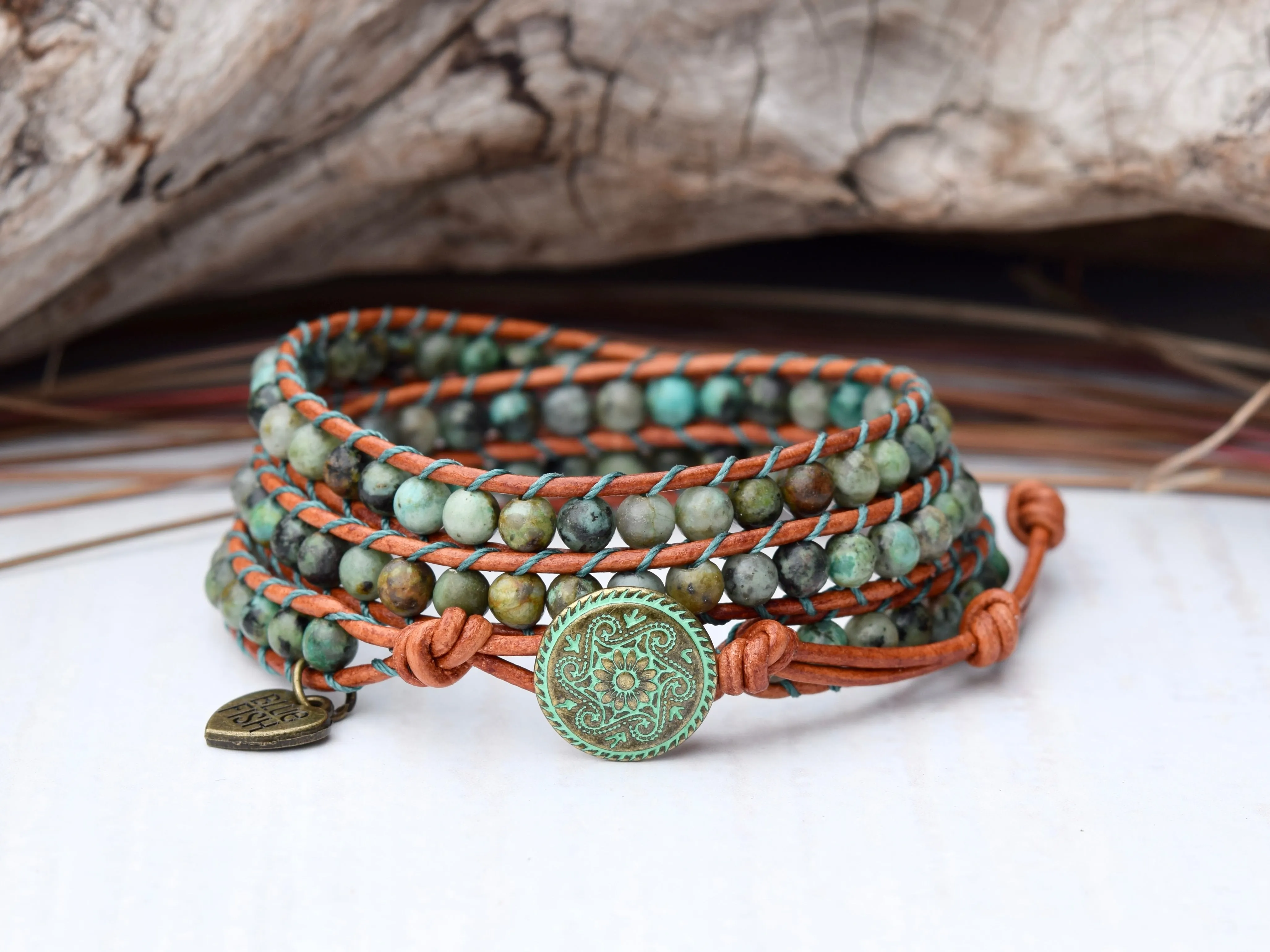 Beaded Leather African Turquoise Wrap Bracelet
