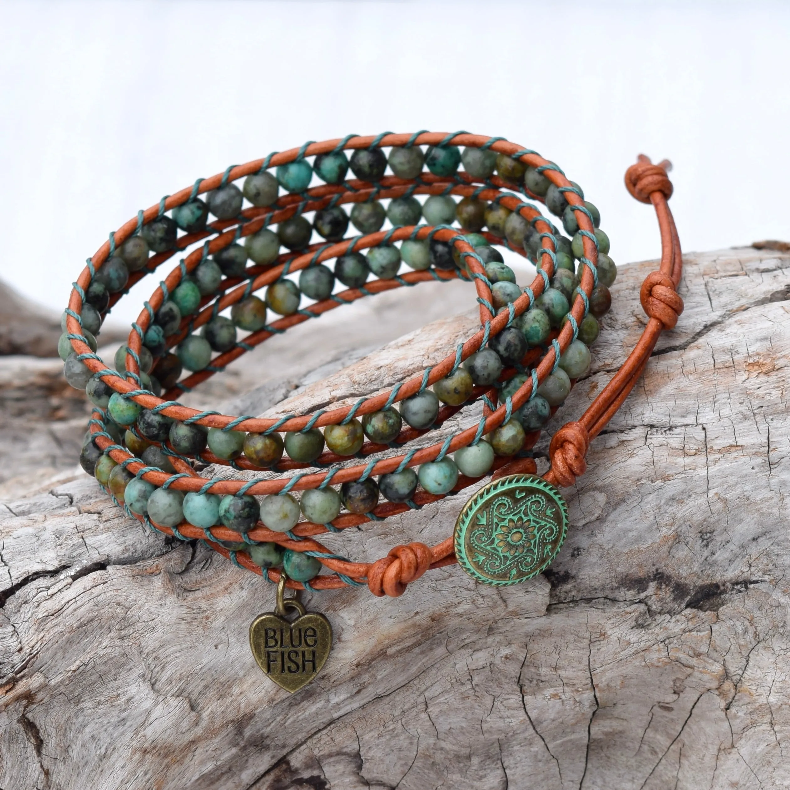 Beaded Leather African Turquoise Wrap Bracelet