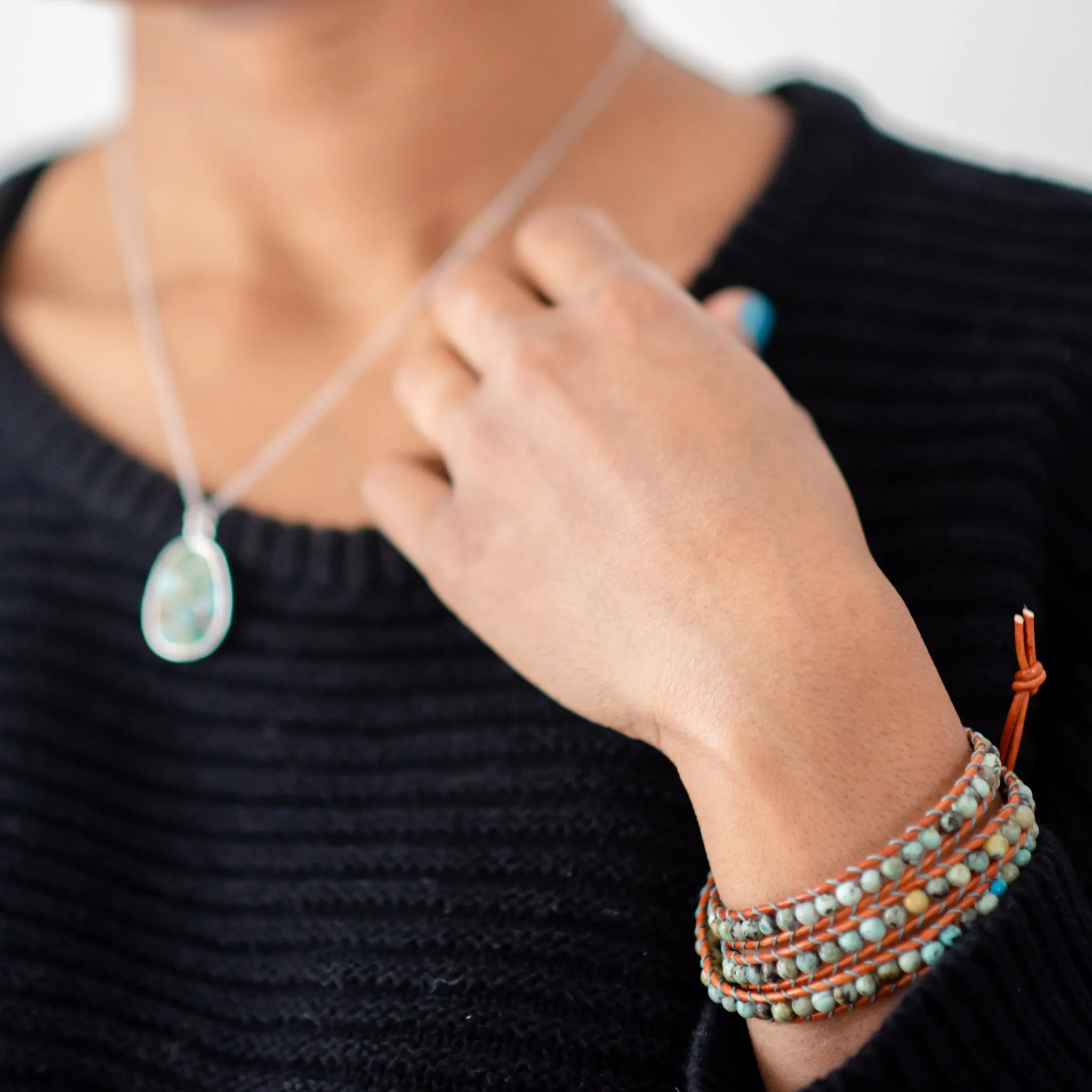 Beaded Leather African Turquoise Wrap Bracelet