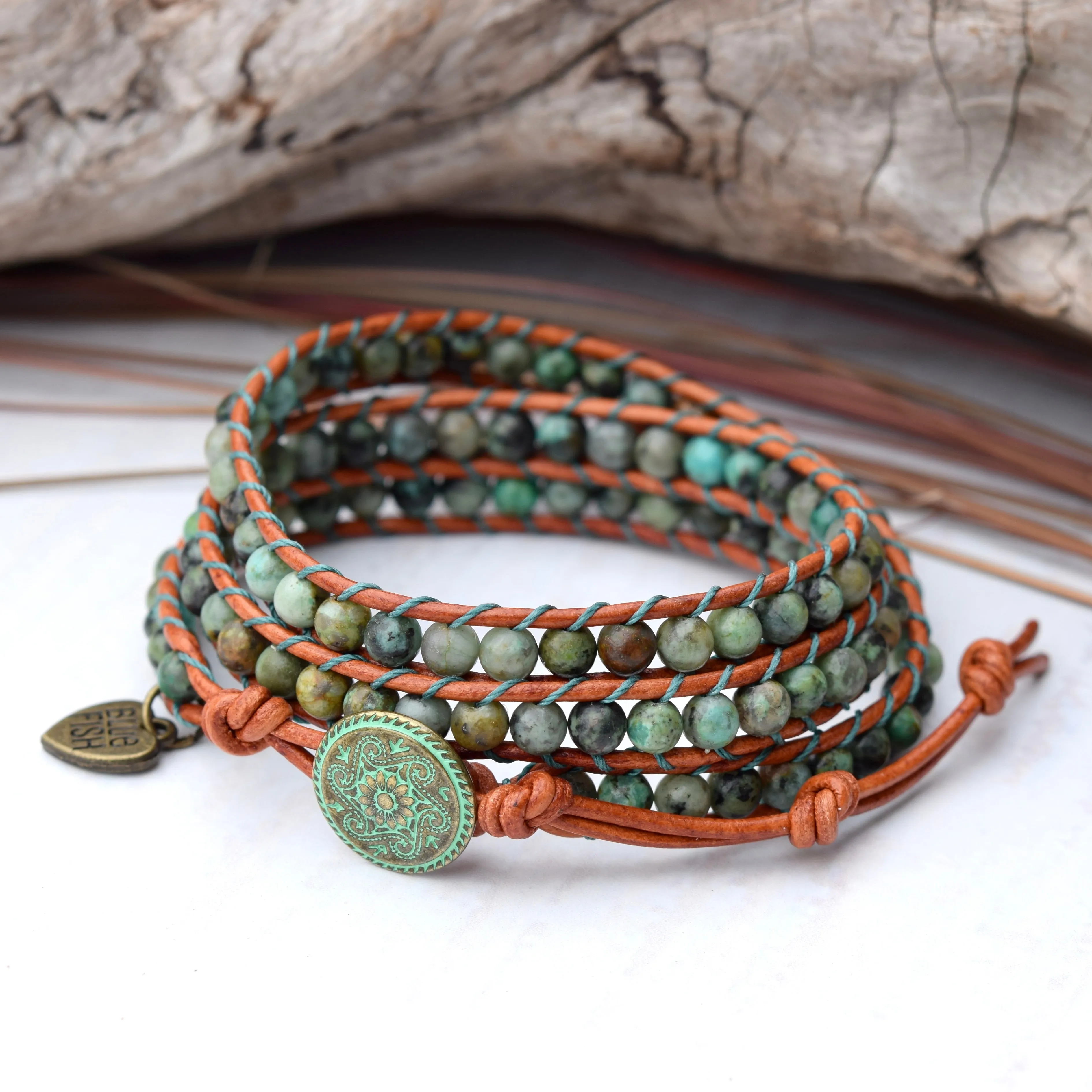 Beaded Leather African Turquoise Wrap Bracelet