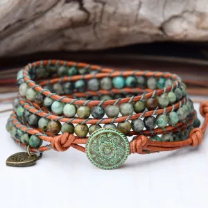 Beaded Leather African Turquoise Wrap Bracelet