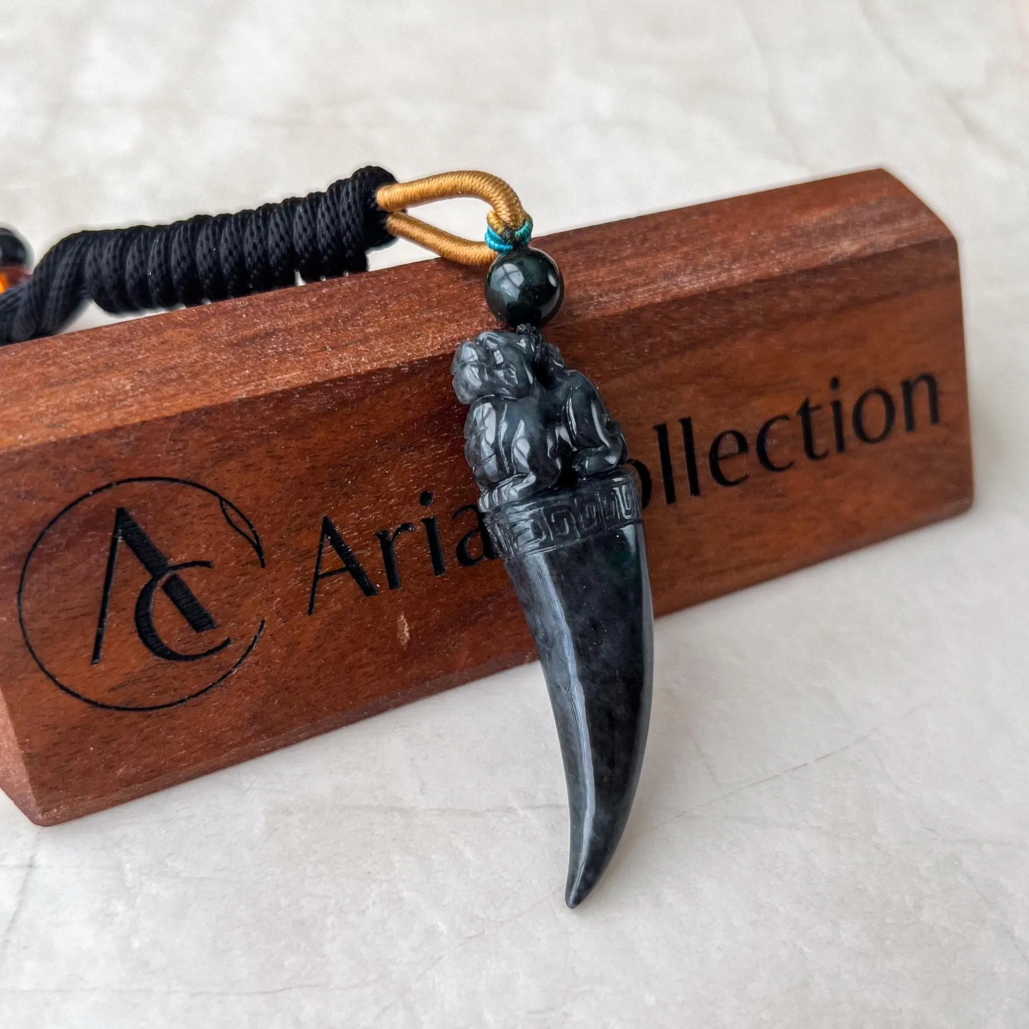 Black Jade Dragon Tooth with Pi Xiu, Black Jadeite Jade Hand Carved Pendant, Pixiu, 貔貅, WMC-0323-0001228