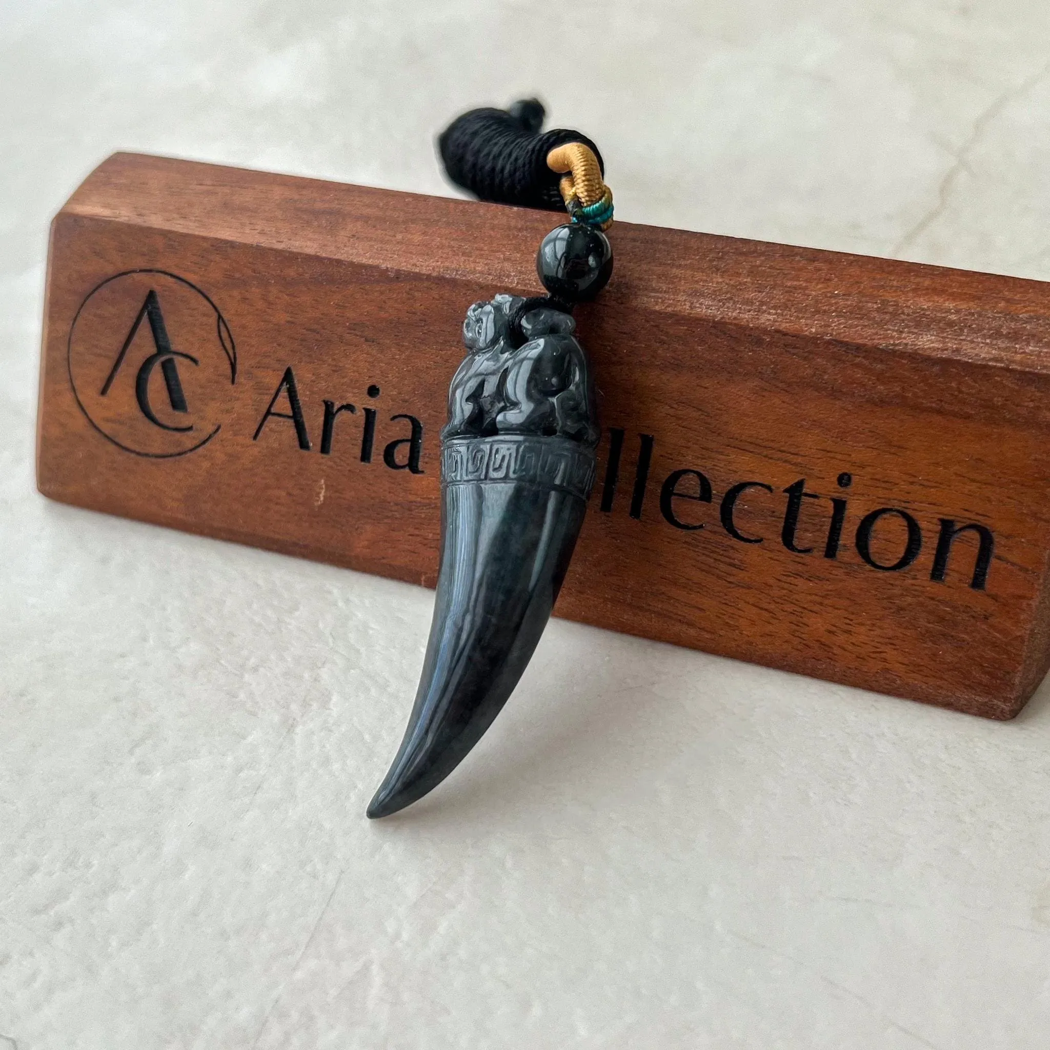 Black Jade Dragon Tooth with Pi Xiu, Black Jadeite Jade Hand Carved Pendant, Pixiu, 貔貅, WMC-0323-0001228
