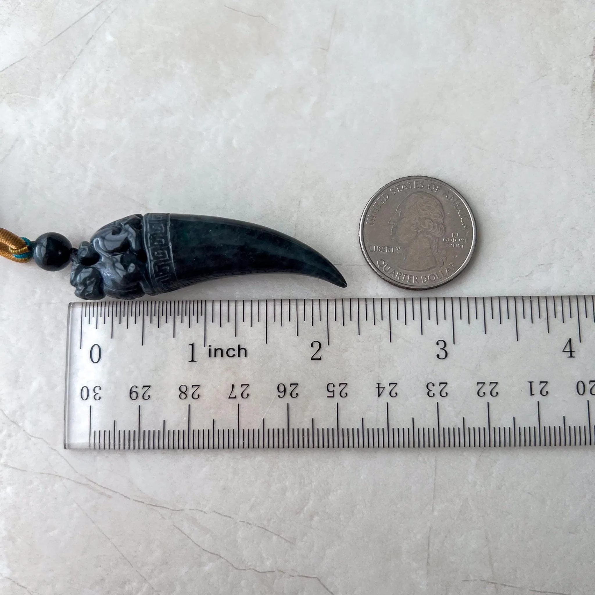 Black Jade Dragon Tooth with Pi Xiu, Black Jadeite Jade Hand Carved Pendant, Pixiu, 貔貅, WMC-0323-0001228