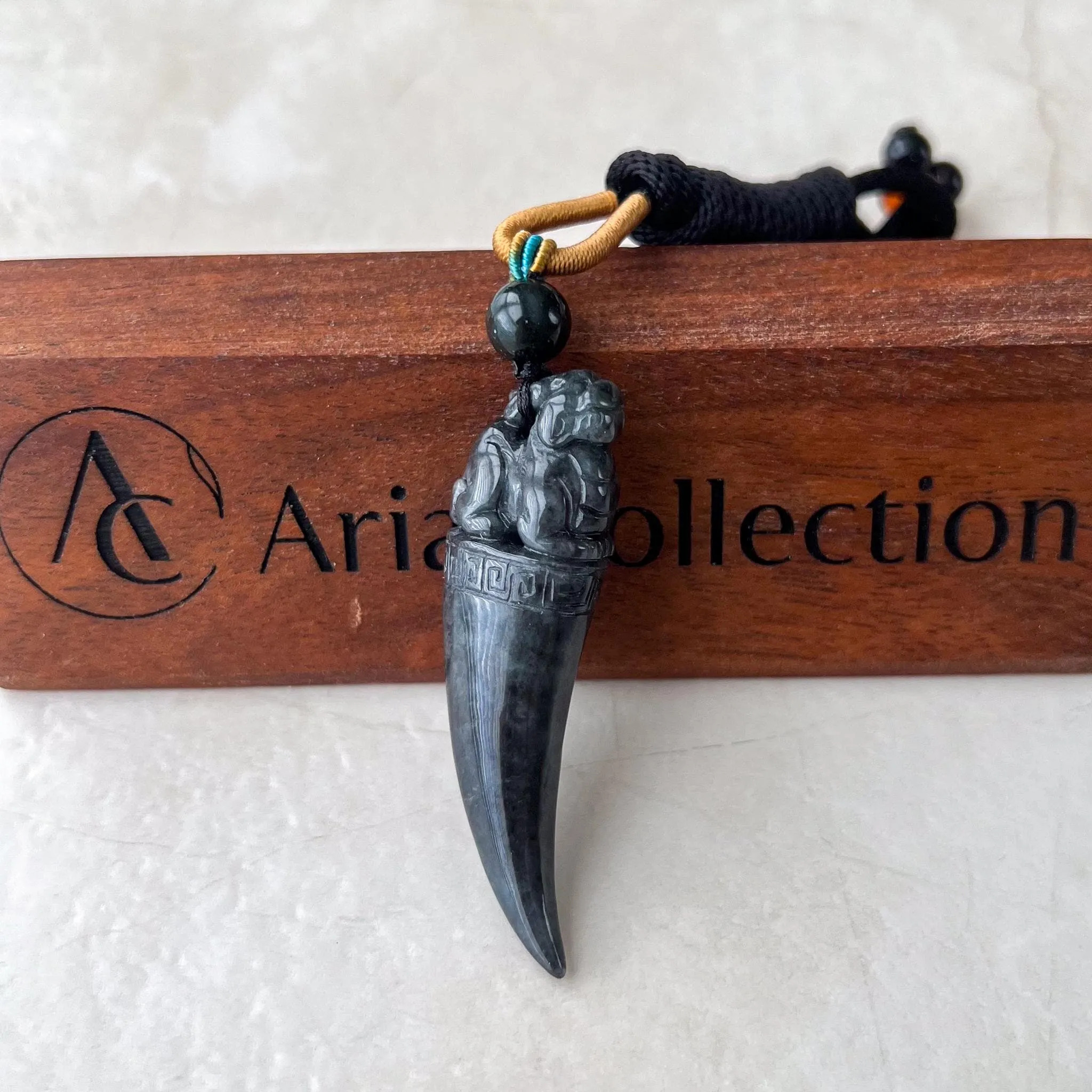 Black Jade Dragon Tooth with Pi Xiu, Black Jadeite Jade Hand Carved Pendant, Pixiu, 貔貅, WMC-0323-0001228