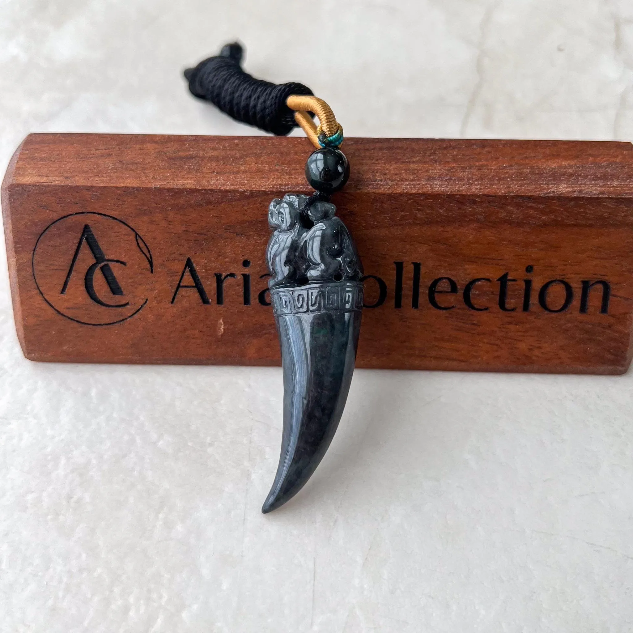 Black Jade Dragon Tooth with Pi Xiu, Black Jadeite Jade Hand Carved Pendant, Pixiu, 貔貅, WMC-0323-0001228