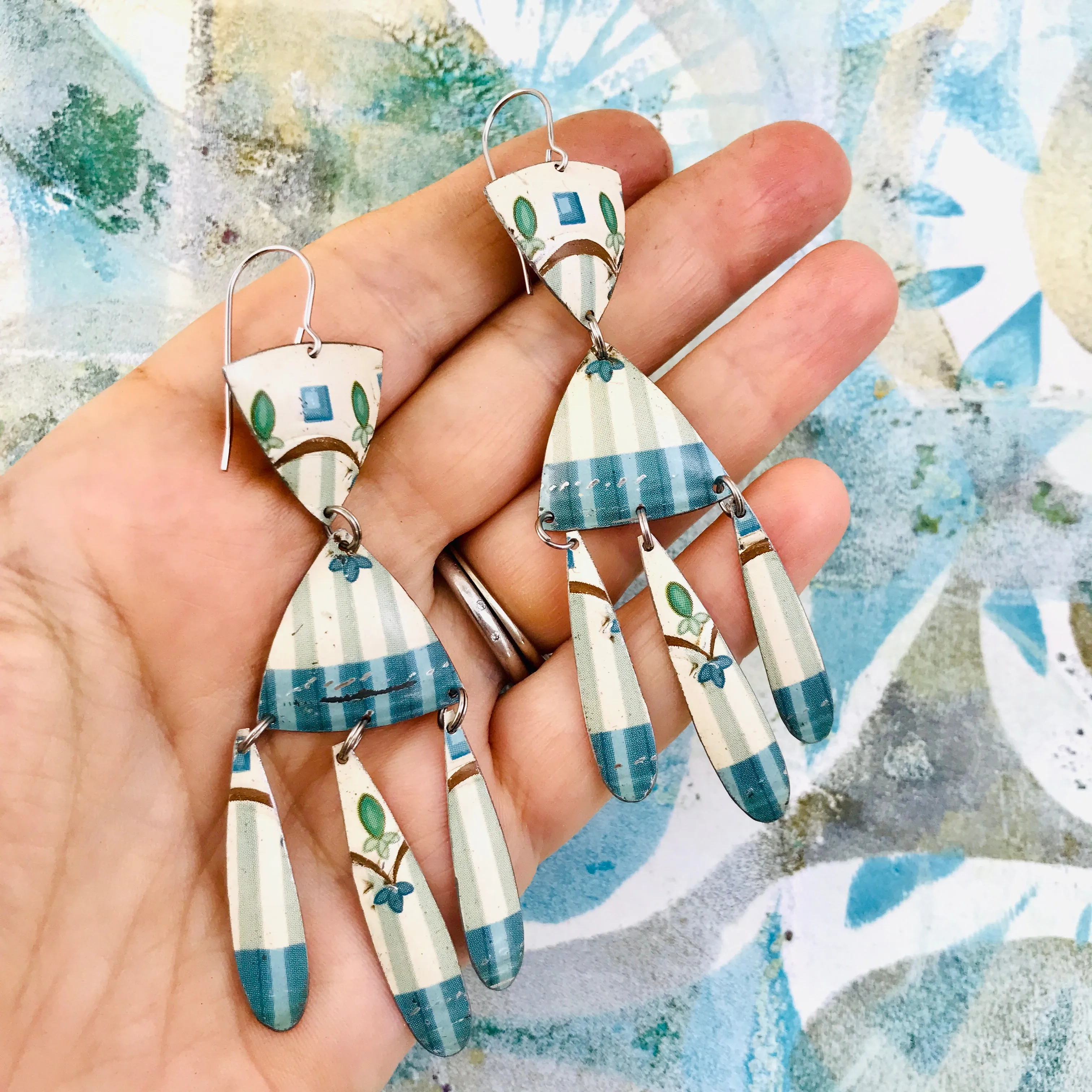 Blue Stripes on Cream Tin Chandelier Earrings