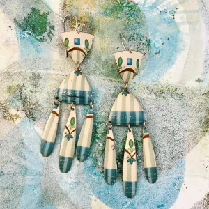 Blue Stripes on Cream Tin Chandelier Earrings