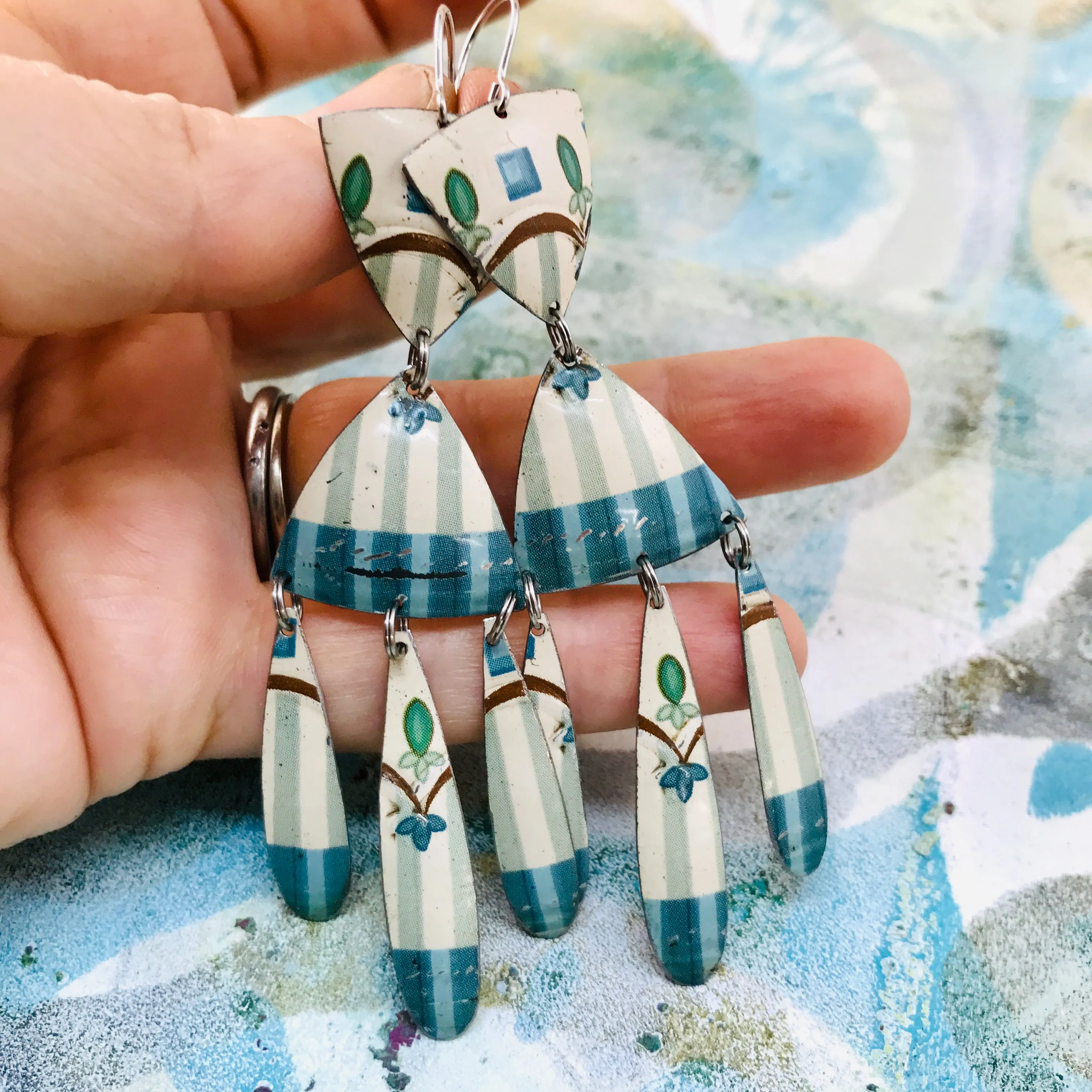 Blue Stripes on Cream Tin Chandelier Earrings