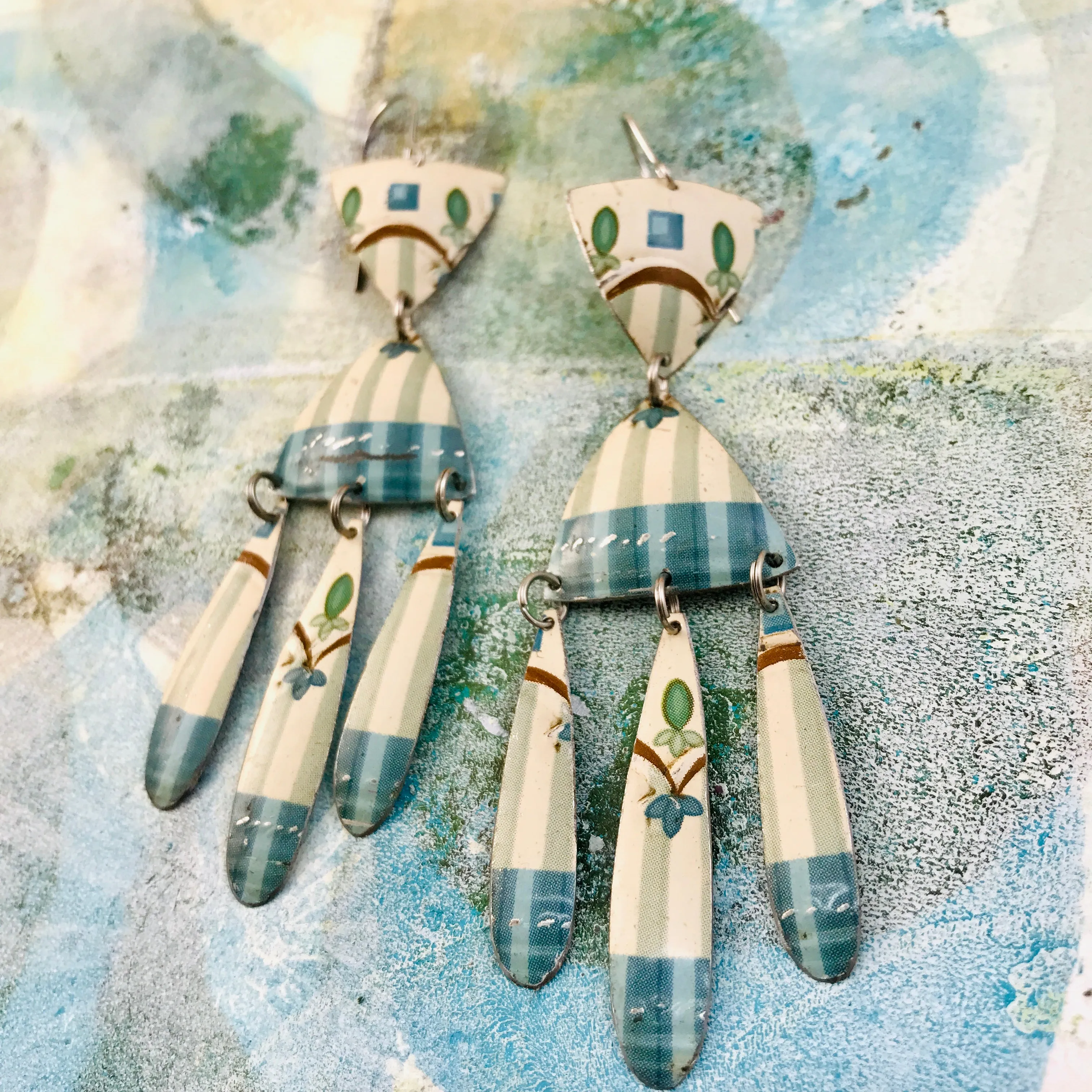 Blue Stripes on Cream Tin Chandelier Earrings
