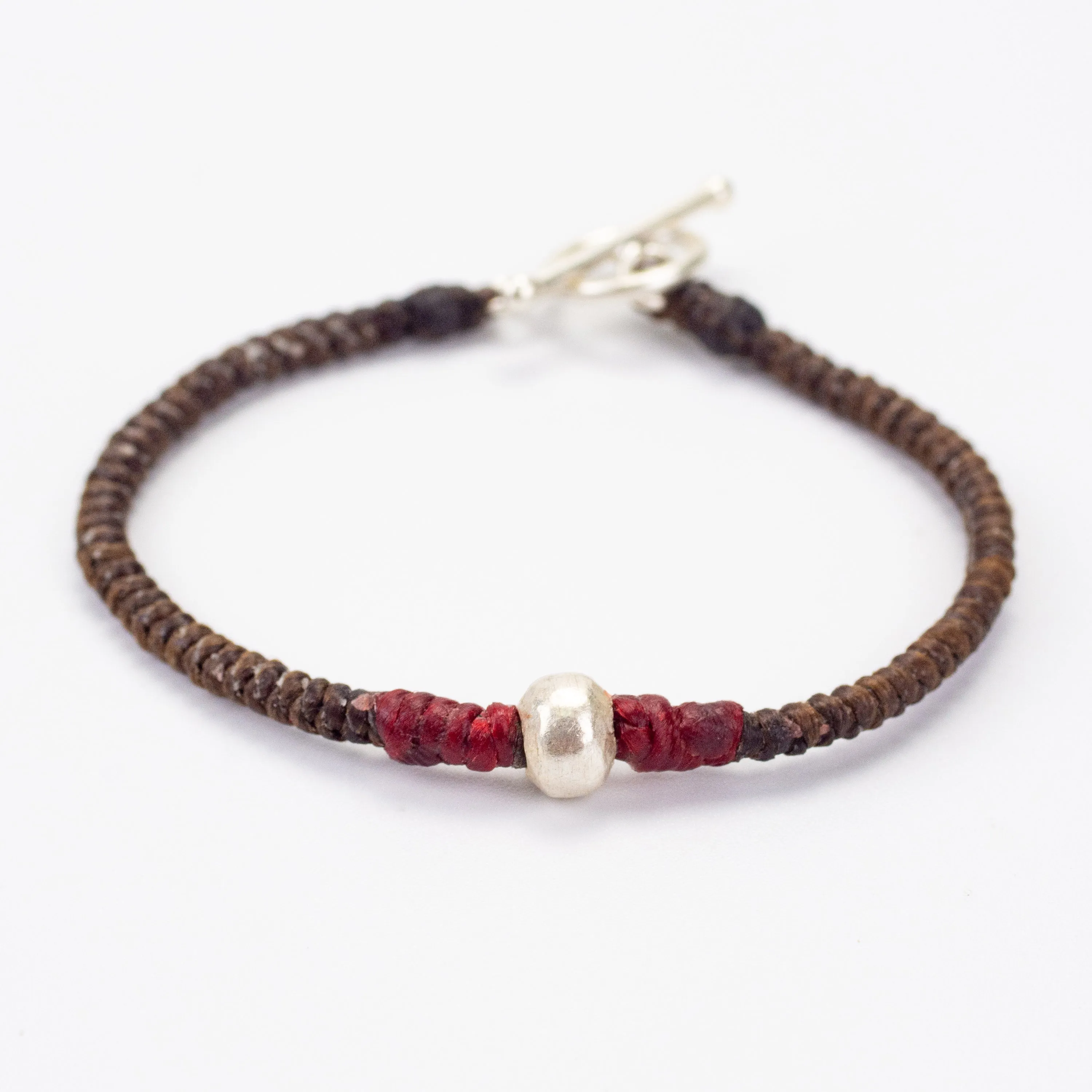 Bracelet with Circle Silver Charm in Red and Brown