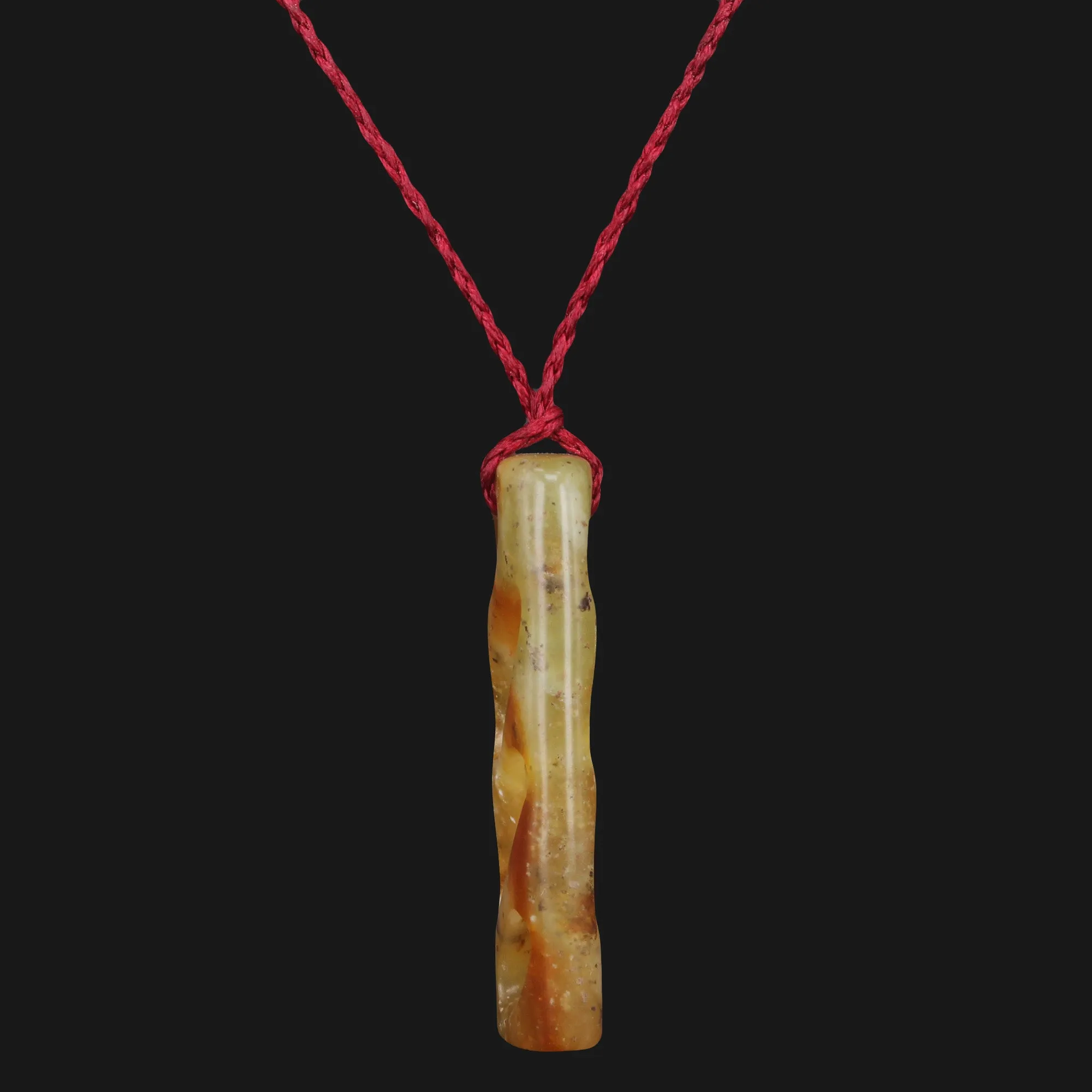 Brown Flower Jade Carved New Zealand Maori Toki Style Complex Twisted Pendant Necklace Courage Strength, Intricate Detailing Vibrant Colors