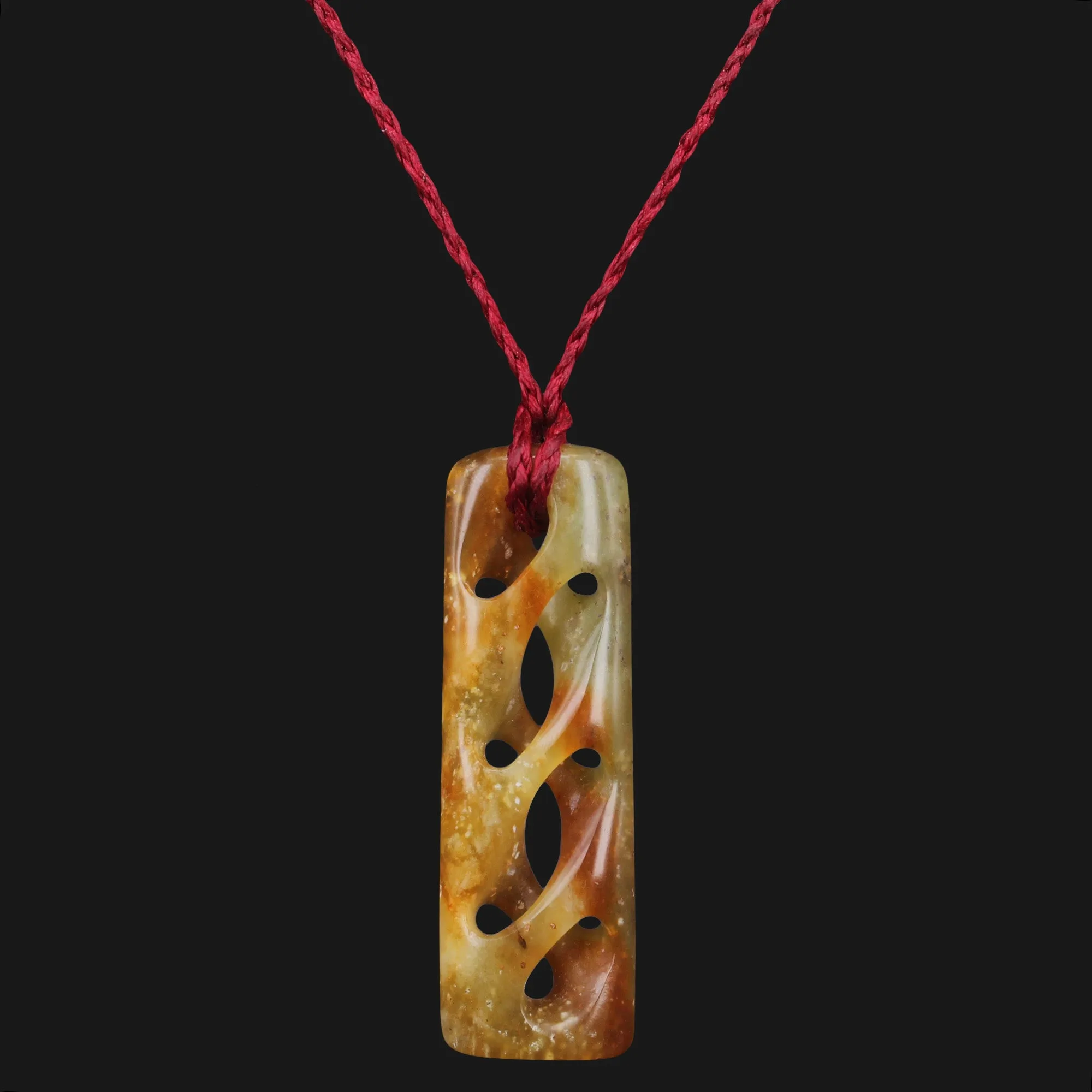 Brown Flower Jade Carved New Zealand Maori Toki Style Complex Twisted Pendant Necklace Courage Strength, Intricate Detailing Vibrant Colors