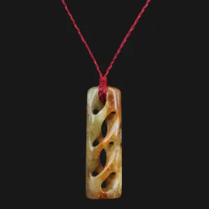 Brown Flower Jade Carved New Zealand Maori Toki Style Complex Twisted Pendant Necklace Courage Strength, Intricate Detailing Vibrant Colors