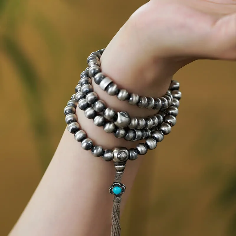 Buddha Stones 108 Mala Beads 925 Sterling Silver Red Agate Turquoise Confidence Charm Bracelet