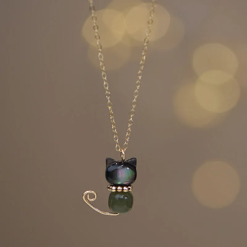Buddha Stones 14K Gold Plated Pearl Hetian Jade Shell Luck Cat Kitten Necklace Pendant