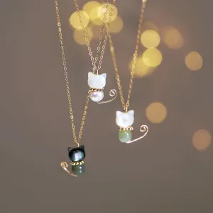 Buddha Stones 14K Gold Plated Pearl Hetian Jade Shell Luck Cat Kitten Necklace Pendant