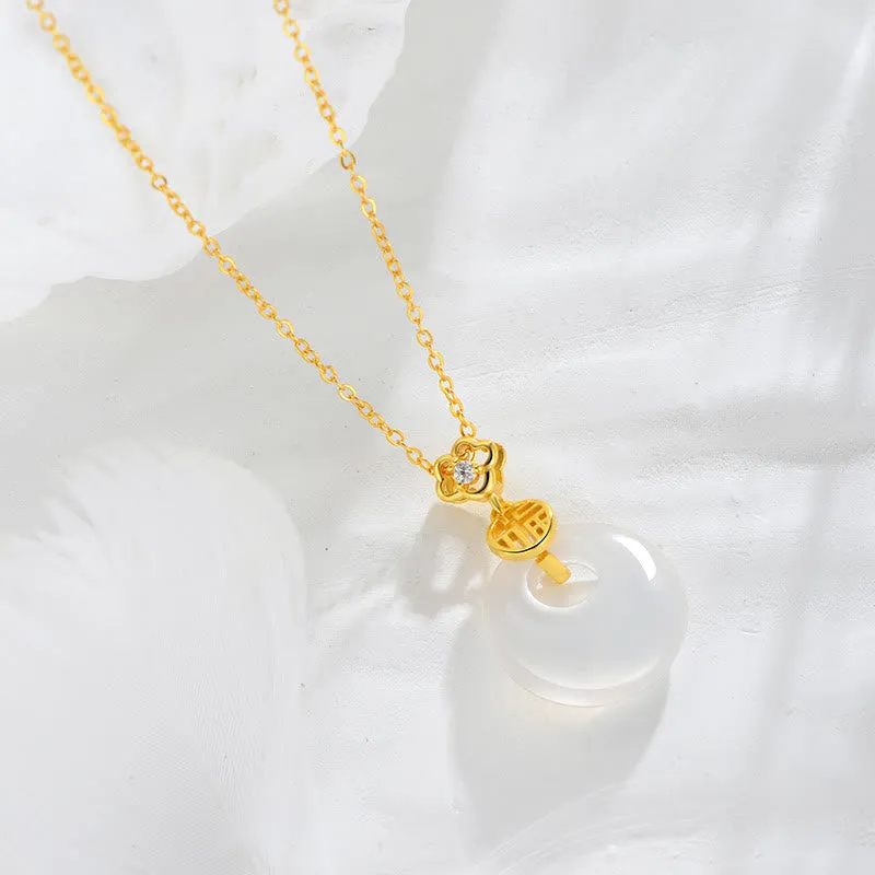 Buddha Stones 925 Sterling Silver Hetian White Jade Fu Character Happiness Luck Necklace Pendant