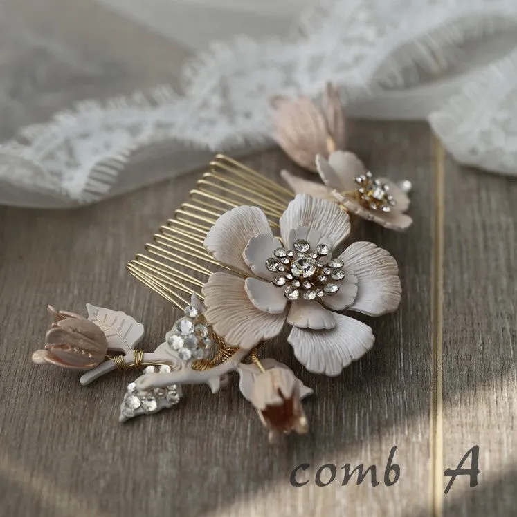 C182. vintage enameled off white floral hair comb, bridal headpiece