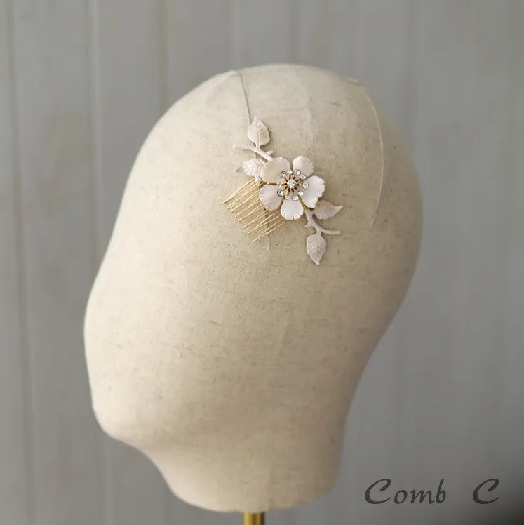 C182. vintage enameled off white floral hair comb, bridal headpiece