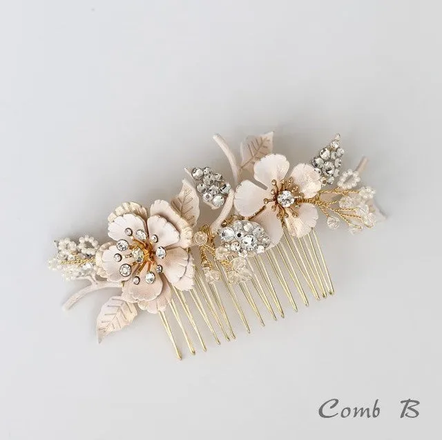 C182. vintage enameled off white floral hair comb, bridal headpiece