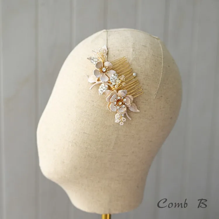 C182. vintage enameled off white floral hair comb, bridal headpiece