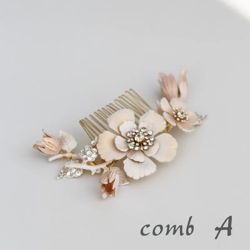 C182. vintage enameled off white floral hair comb, bridal headpiece