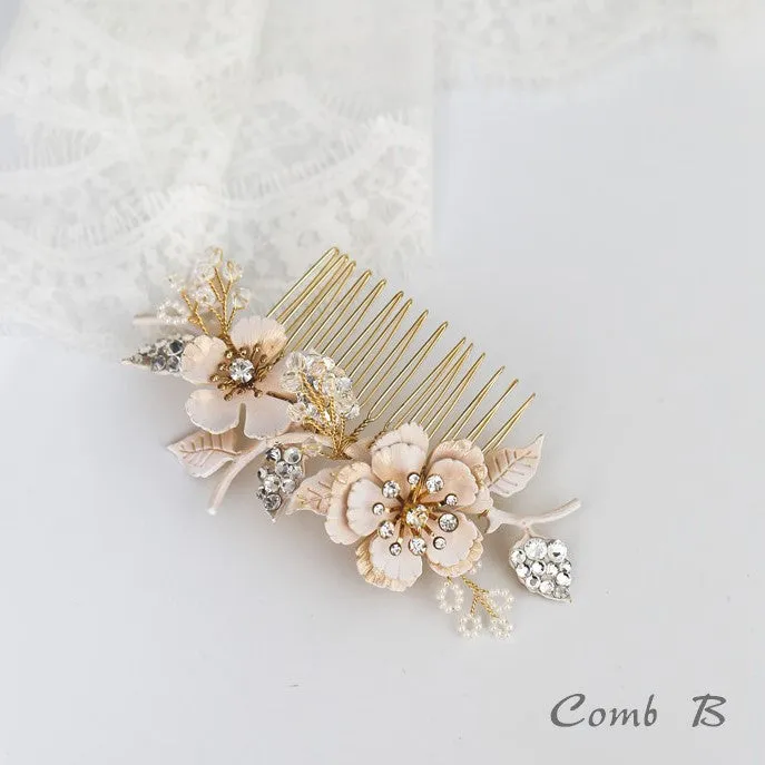 C182. vintage enameled off white floral hair comb, bridal headpiece