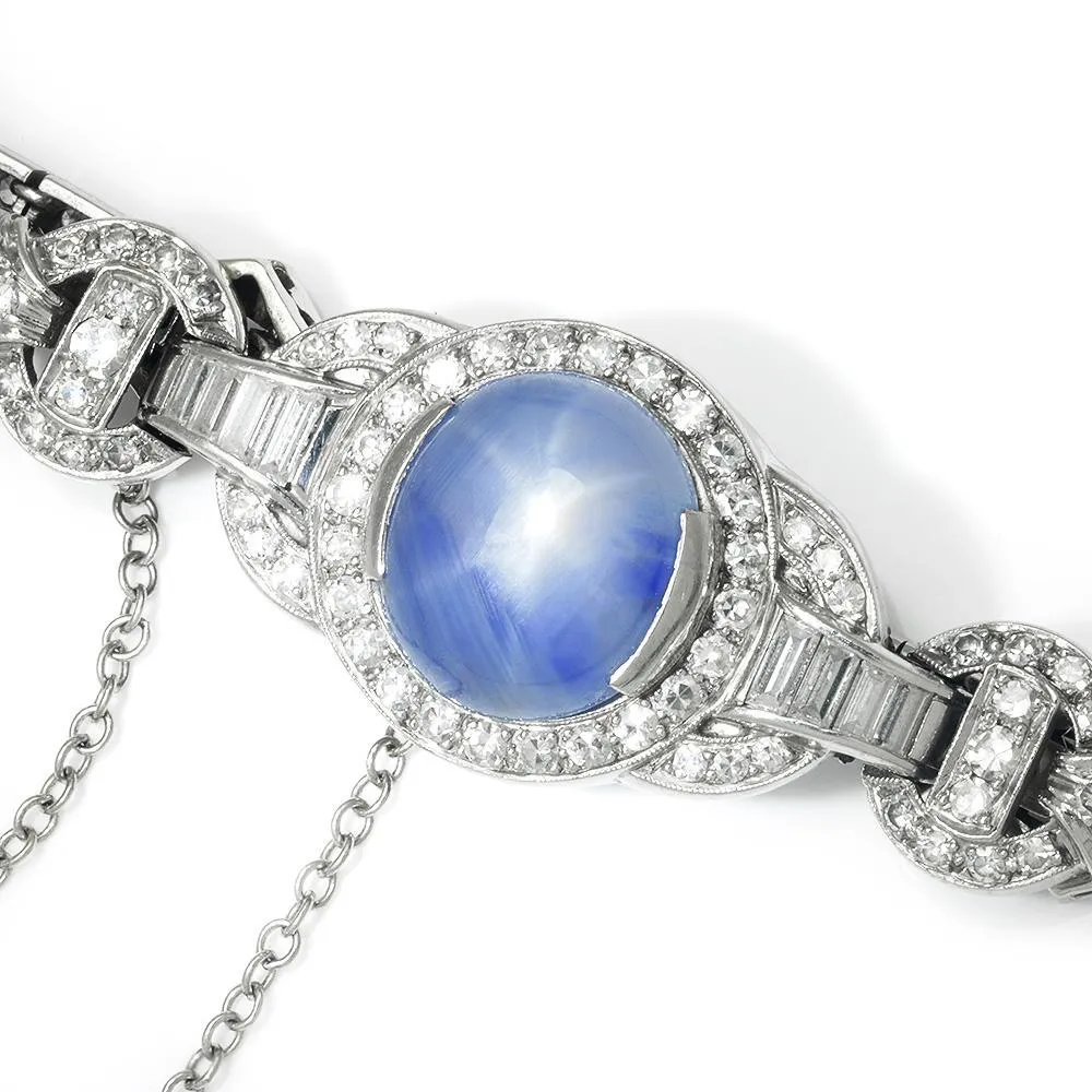 Certified Art Deco Star Sapphire Bracelet with Diamonds Platinum