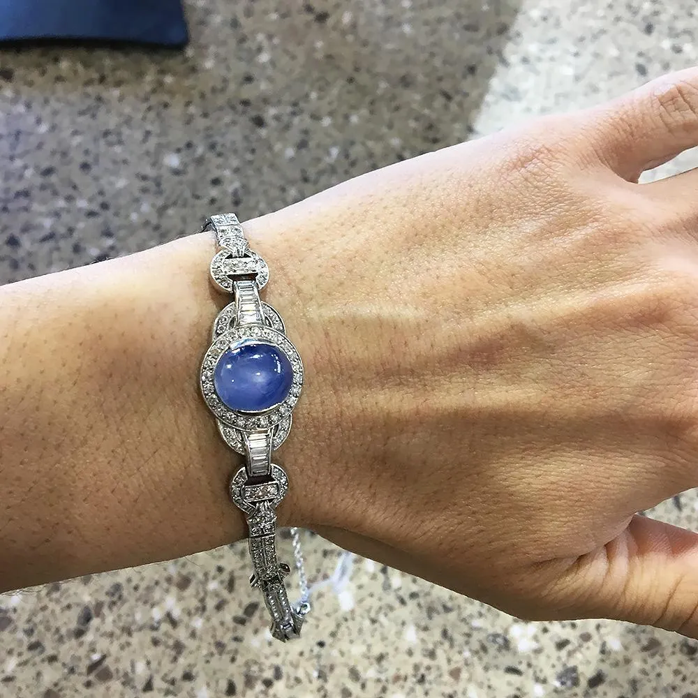 Certified Art Deco Star Sapphire Bracelet with Diamonds Platinum