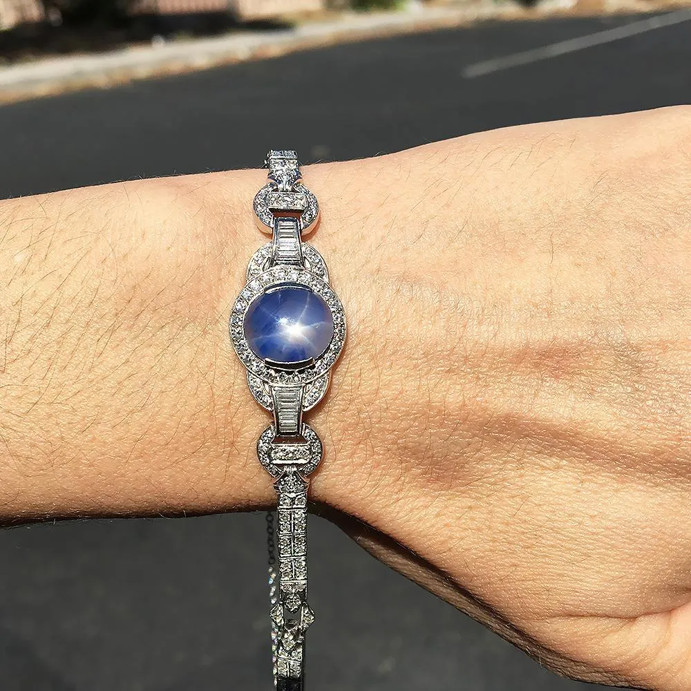 Certified Art Deco Star Sapphire Bracelet with Diamonds Platinum