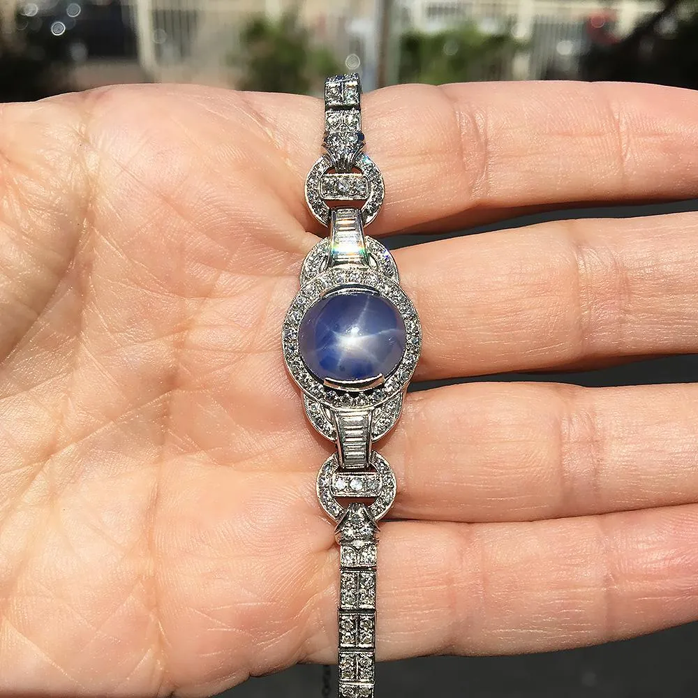 Certified Art Deco Star Sapphire Bracelet with Diamonds Platinum