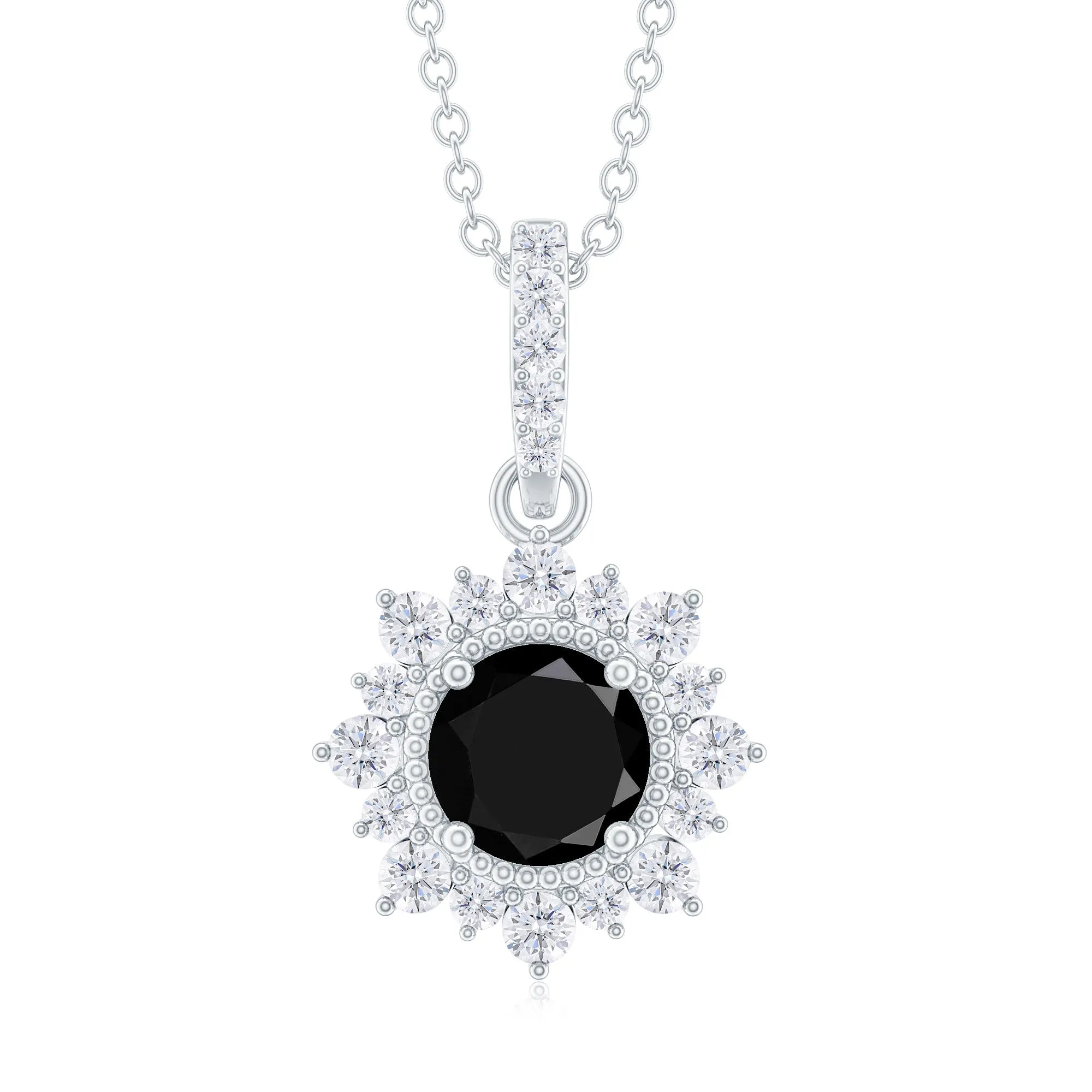 Created Black Diamond Pendant Necklace With Diamond Halo