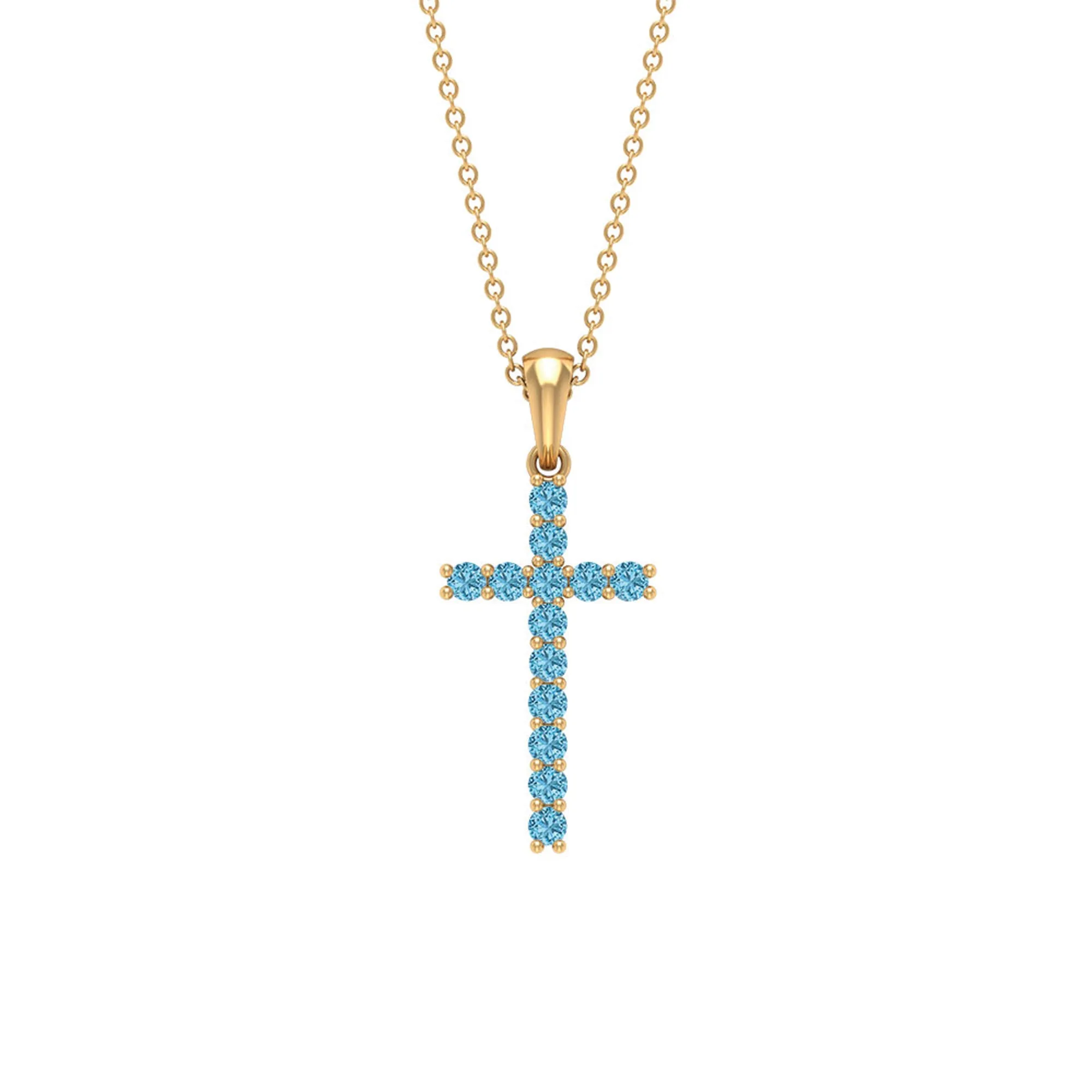 Cross Pendant Necklace For Women with 2 MM Aquamarine